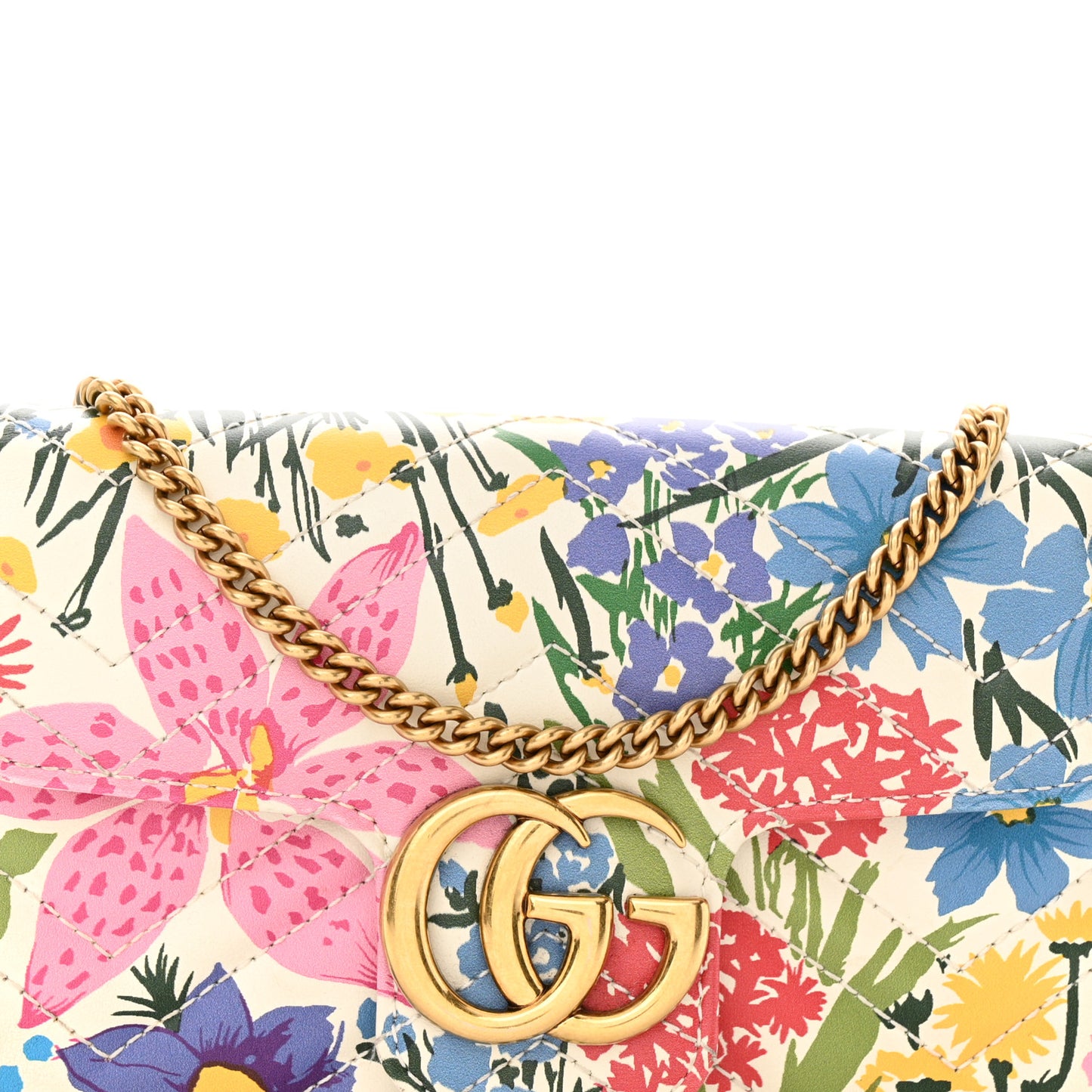 X KEN SCOTT Calfskin Matelasse Floral Print Super Mini GG Marmont Shoulder Bag Ivory Pink