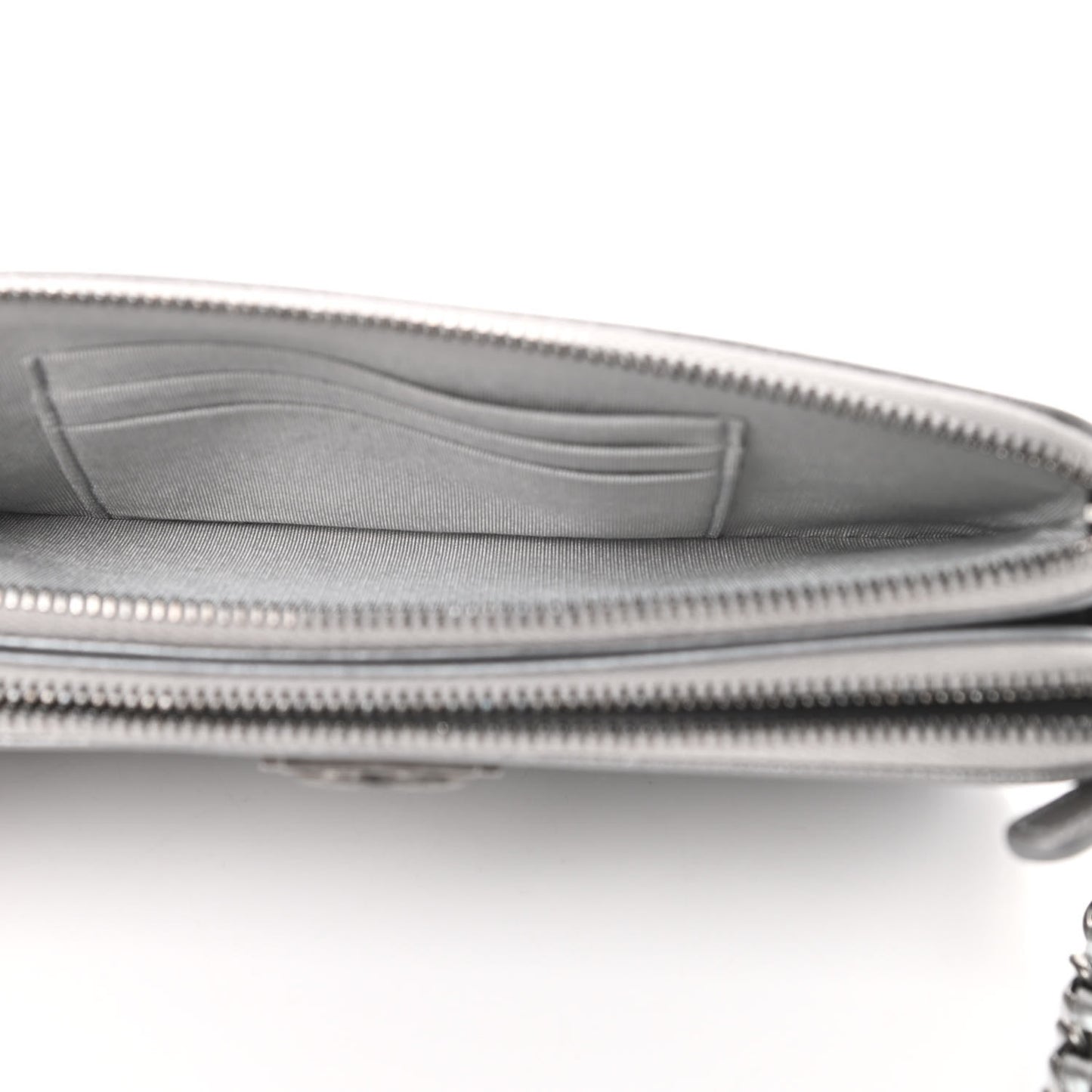 Metallic Caviar Quilted Small Boy Clutch With Chain Silver