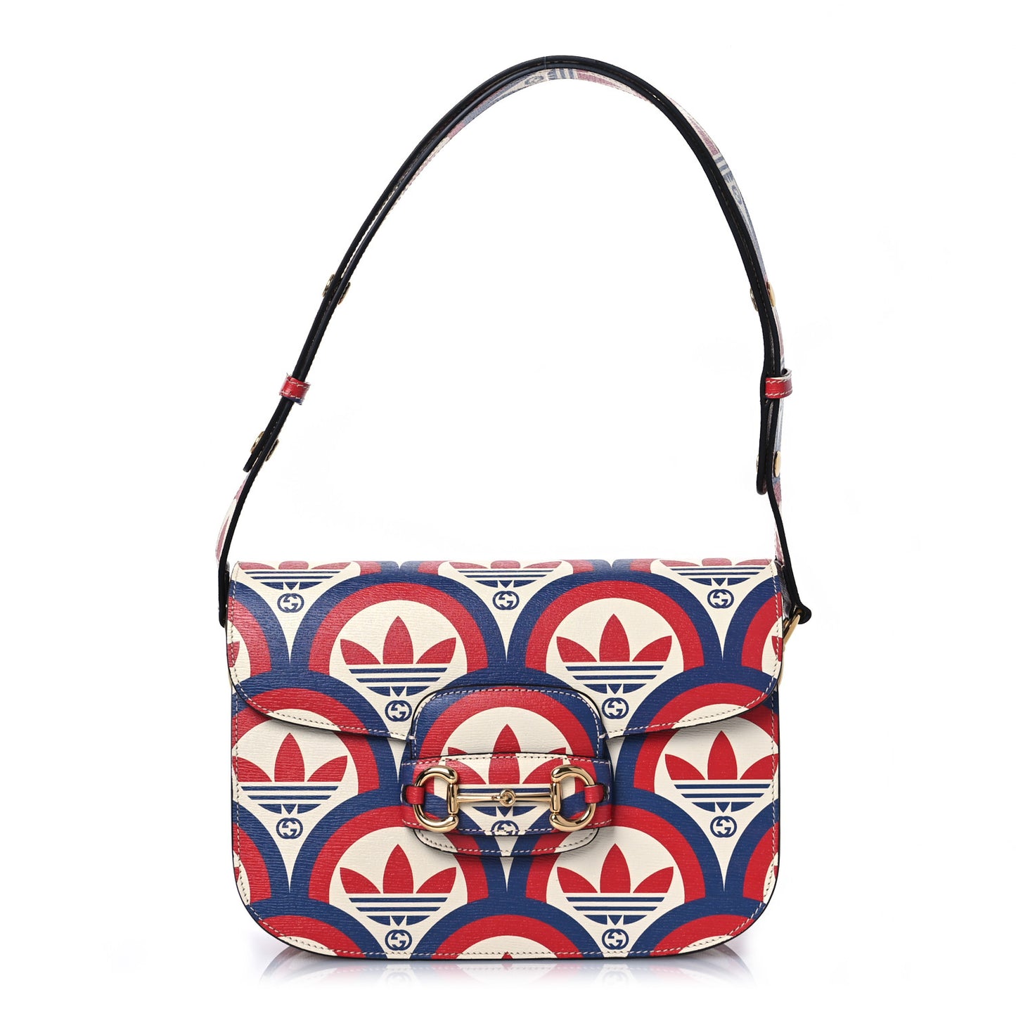 X ADIDAS Shangai Calfskin Web Trefoil Interlocking G Small Horsebit 1955 Shoulder Bag Red White Blue