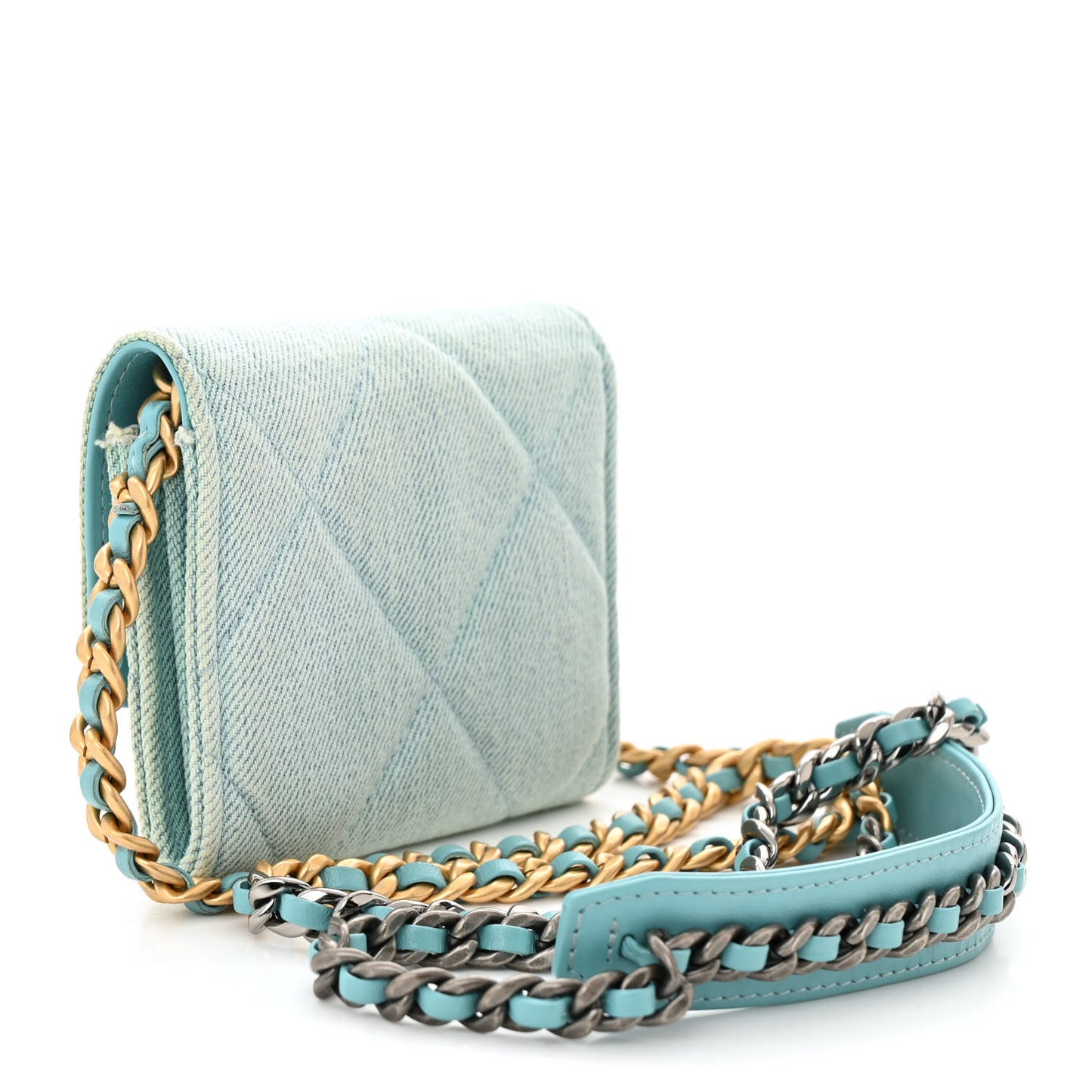 Denim Quilted Chanel 19 Flap Coin Purse With Chain Neon Blue