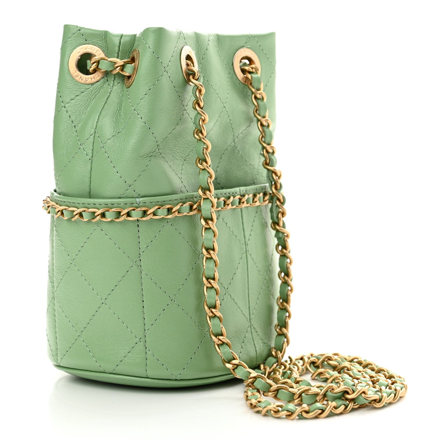 Shiny Lambskin Quilted Nauticoco Bucket Light Green