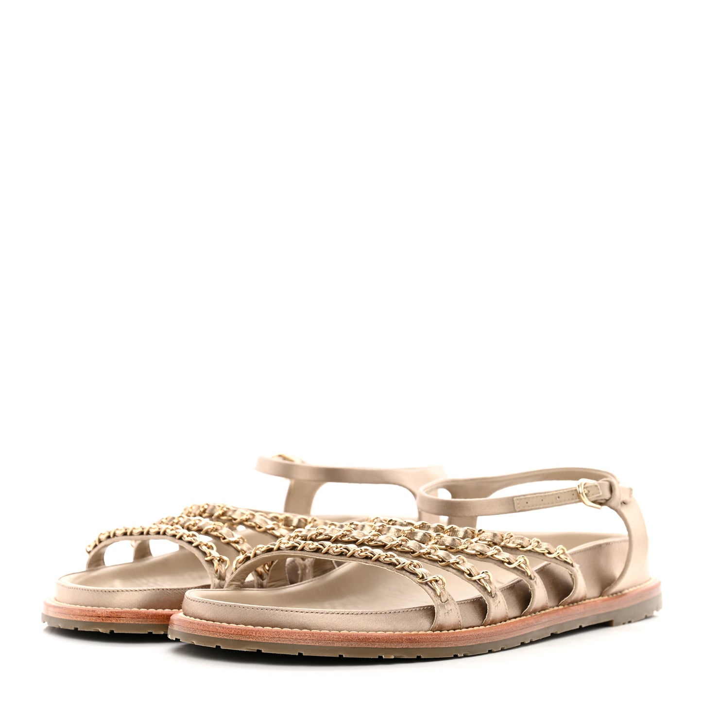 Satin Lambskin Chain Flat Sandals 41 Light Gold