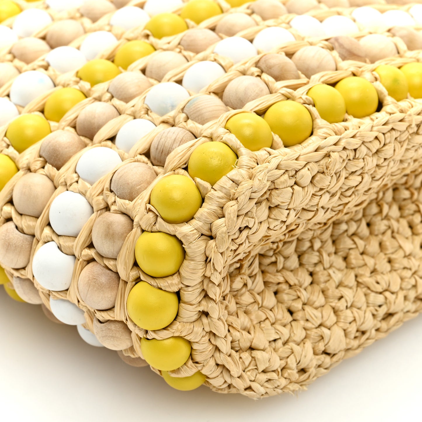 Raffia Wood Bead Embroidered Logo Tote Bag Naturale