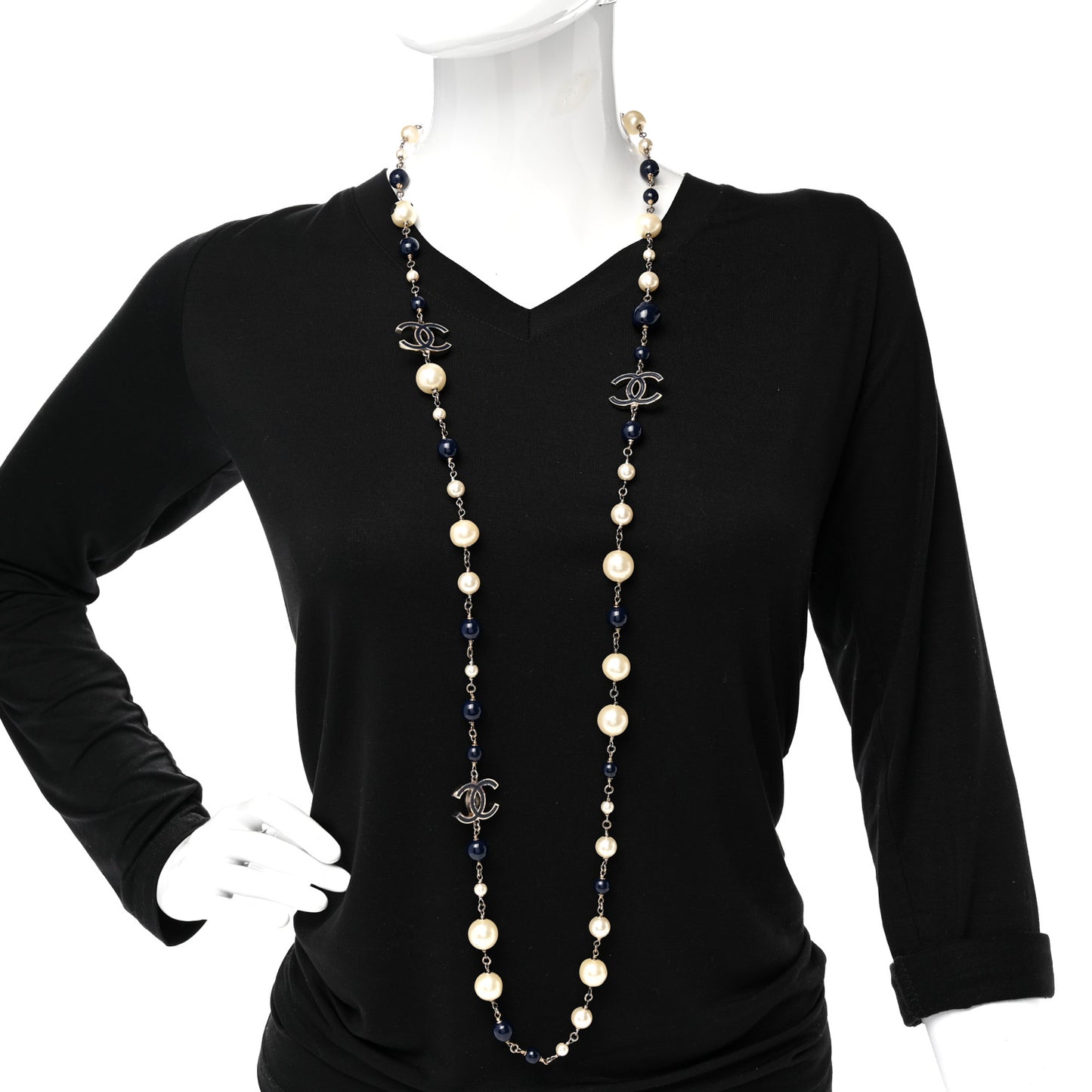 Pearl Beaded CC Long Necklace Navy