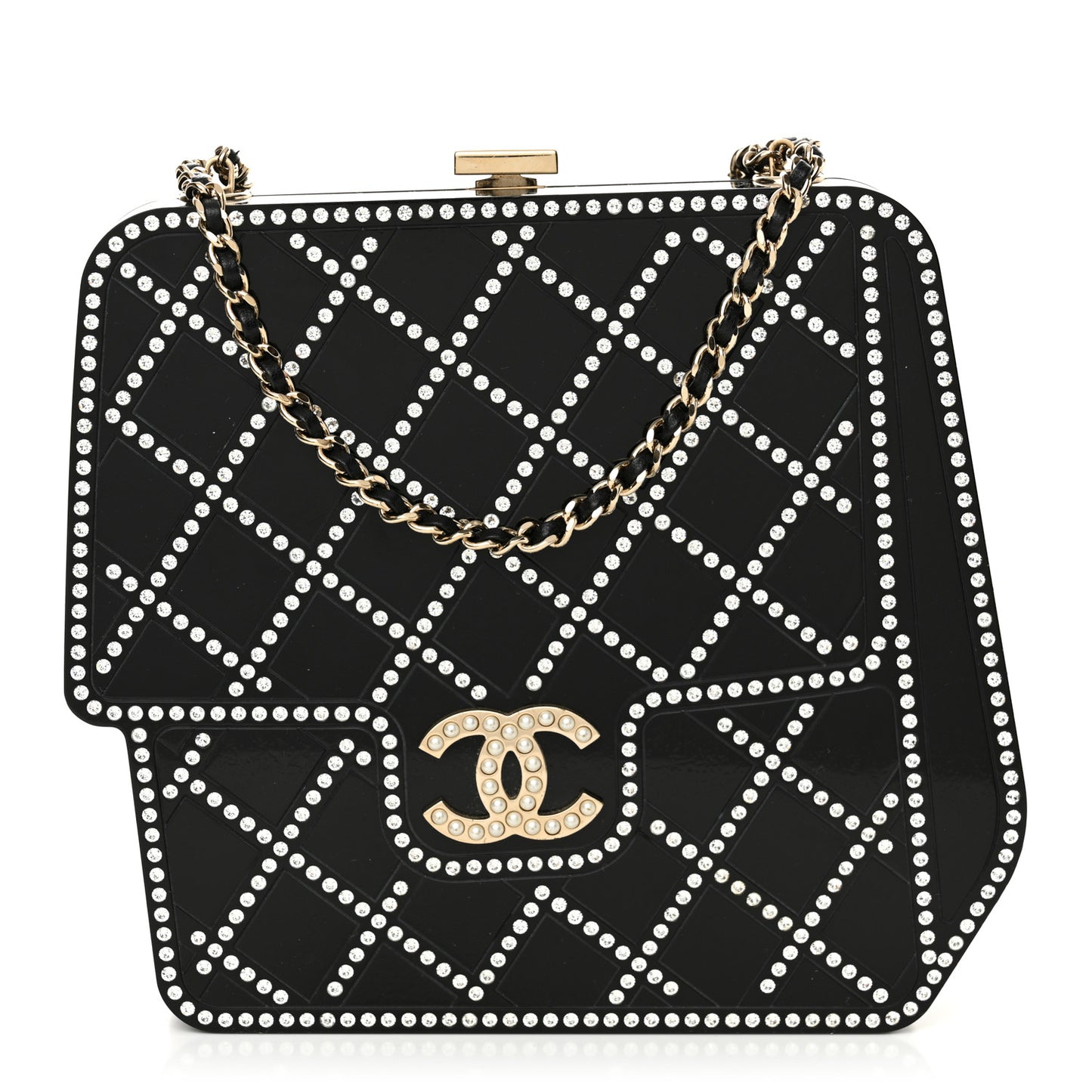 Plexiglass Crystal Quilted Minaudiere Clutch Black White