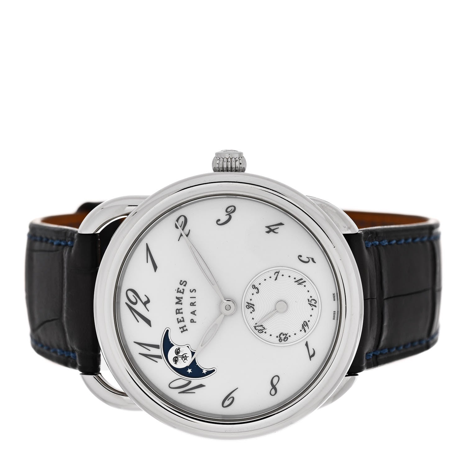 Hermes Stainless Steel Alligator Mother of Pearl 38mm Arceau Petite Lune Automatic Watch Bleu Saphir 2 of 5