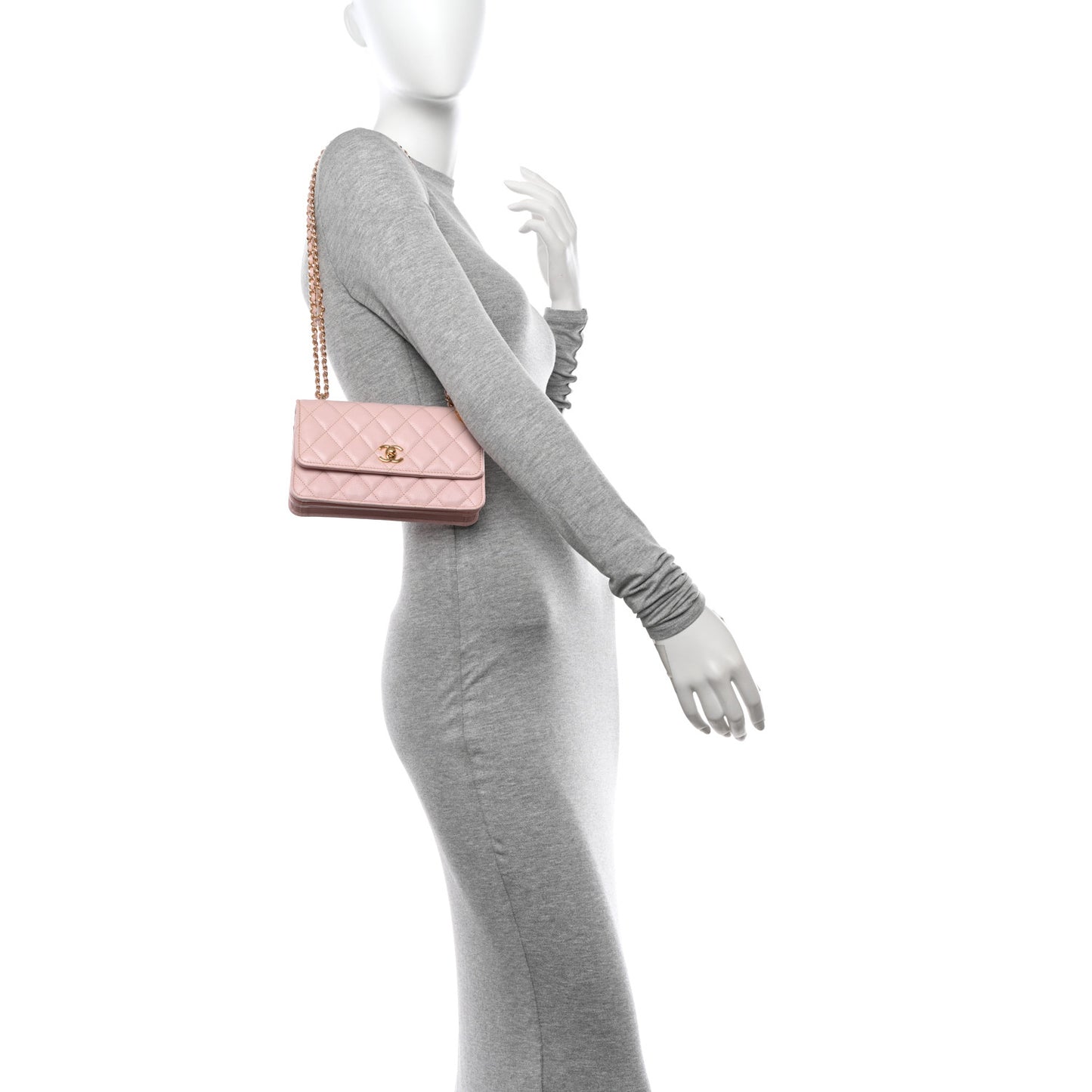 Shiny Caviar Quilted Flap Charm Wallet On Chain WOC Light Pink