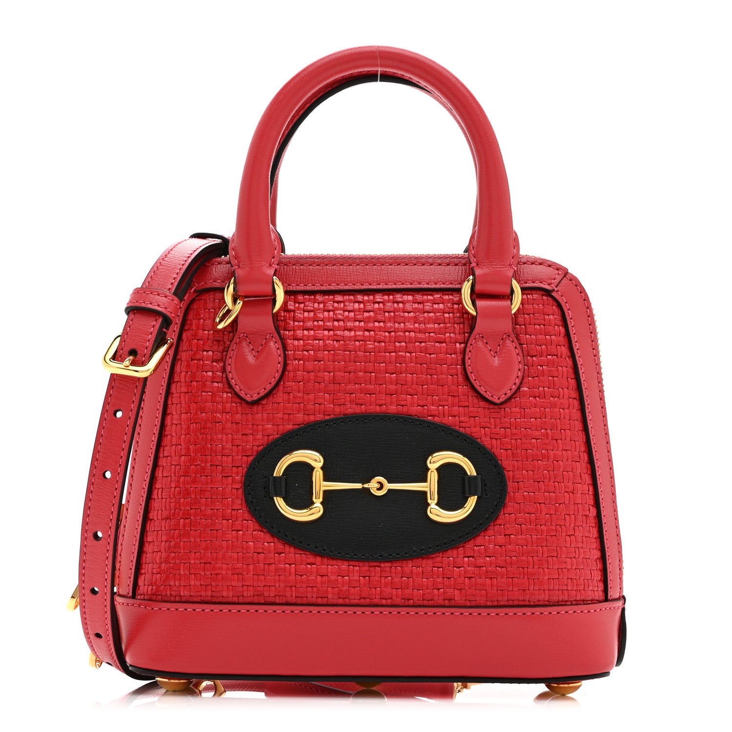 GUCCIガーデン　ポーチ Gucci Straw Azalea Calfskin Woven Mini Horsebit 1955 Top Handle