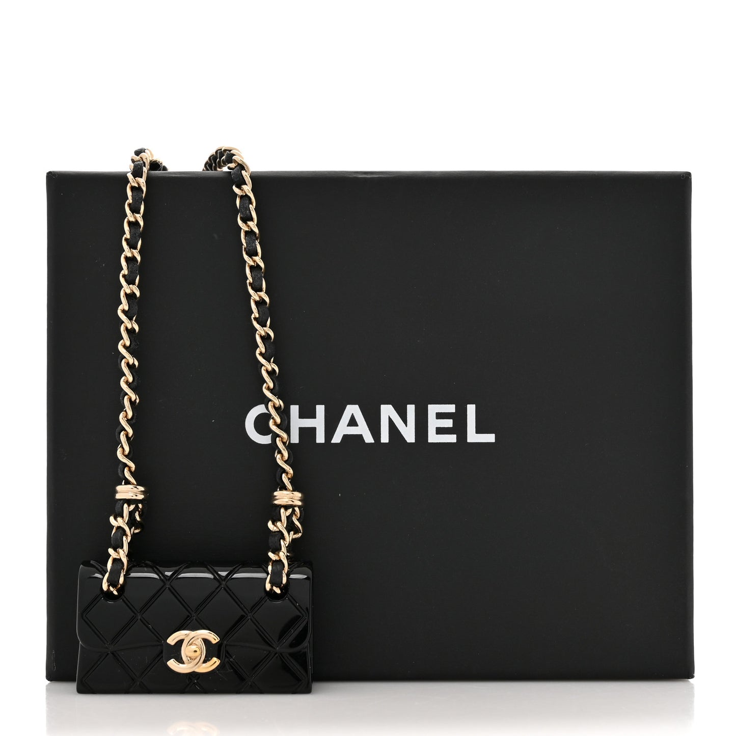 Metal Resin Calfskin Quilted CC Turnlock Chain Bag Necklace Gold Black