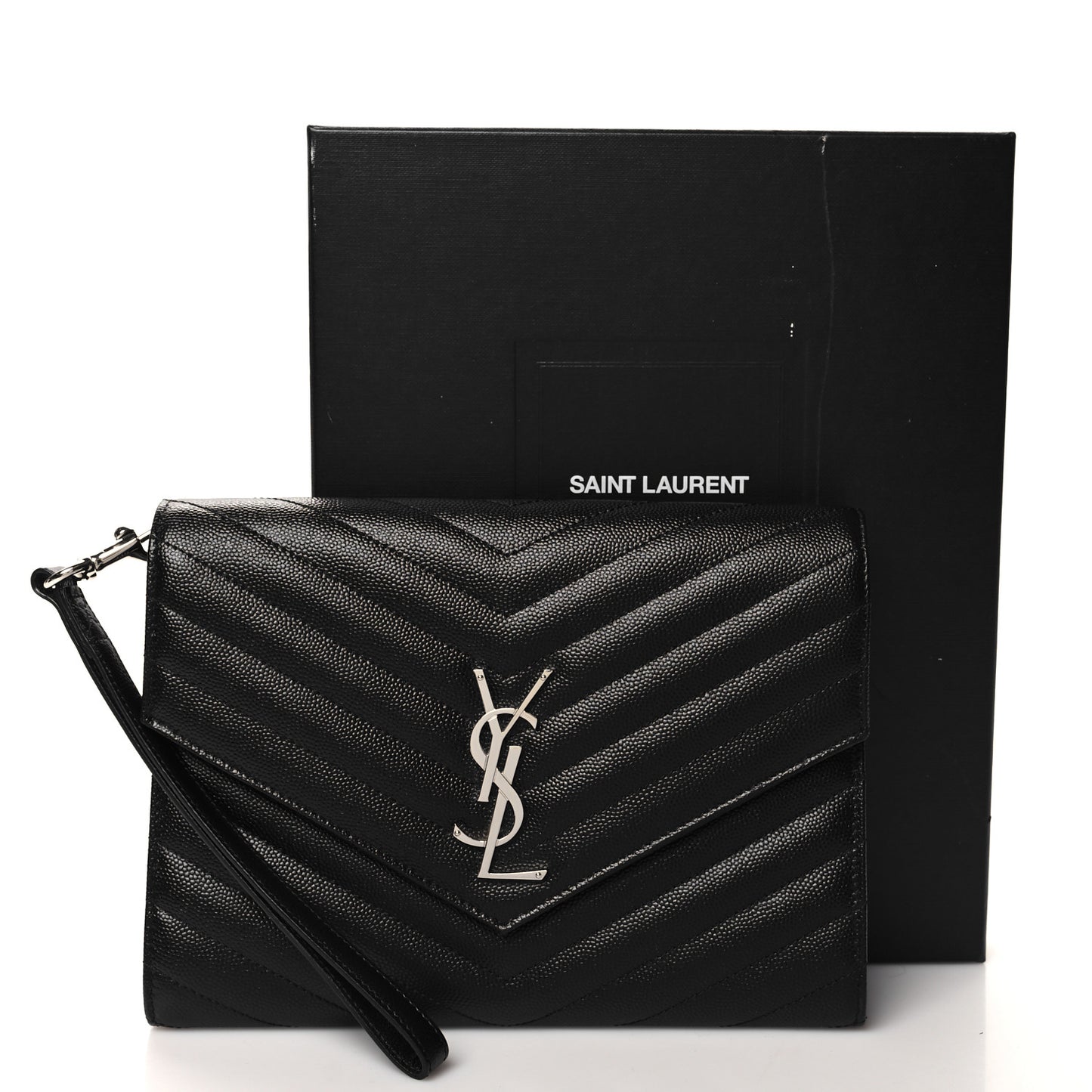 Grain De Poudre Matelasse Chevron Monogram Envelope Clutch Black