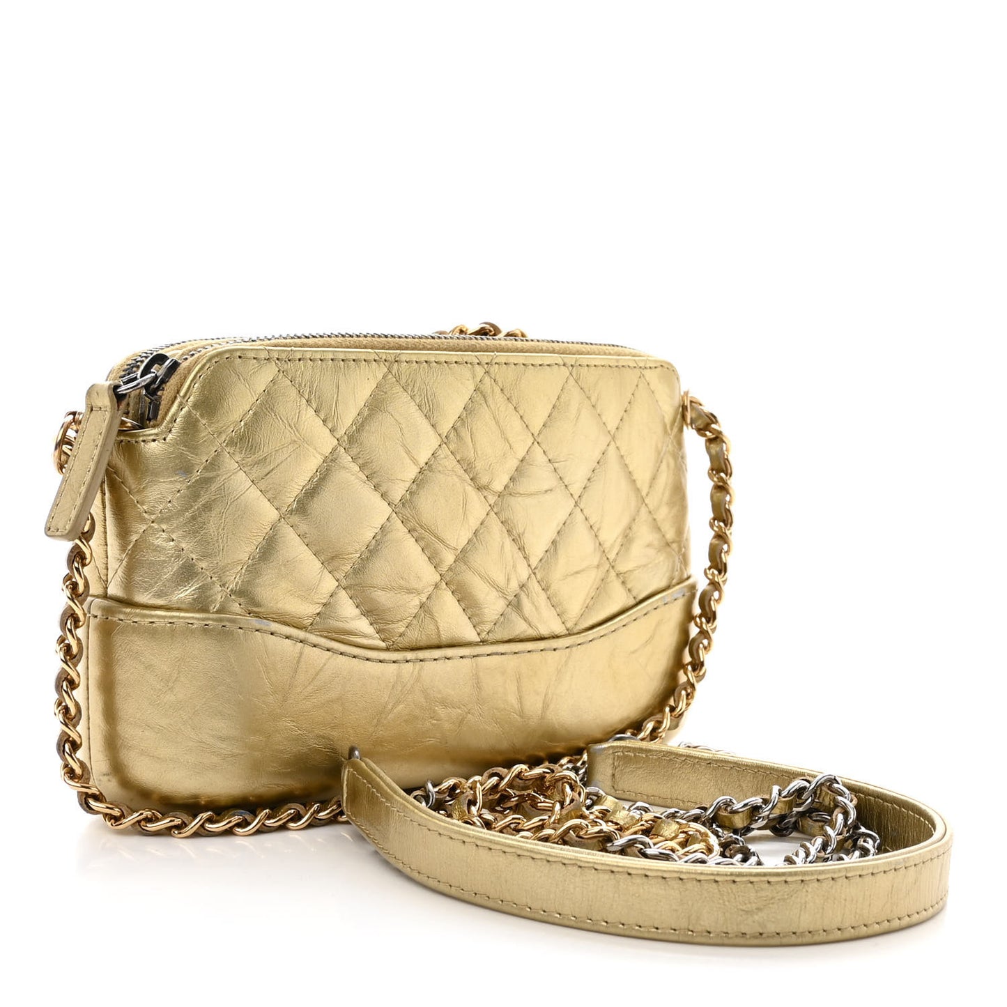 Metallic Aged Calfskin Quilted Small Gabrielle Clutch With Chain Gold