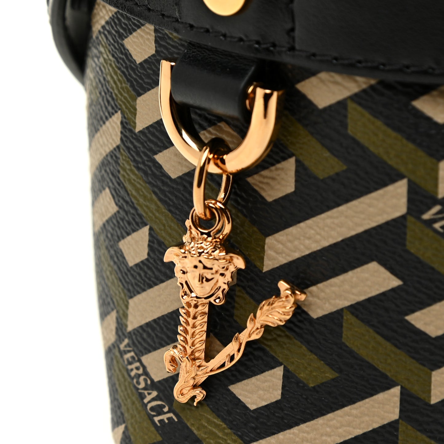 Coated Canvas La Greca Mini Bucket Bag Black Green Beige