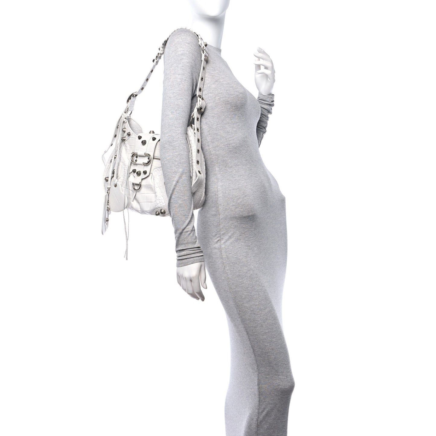 Extra Supple Calfskin Crocodile Embossed Large Le Cagole Shoulder Bag White