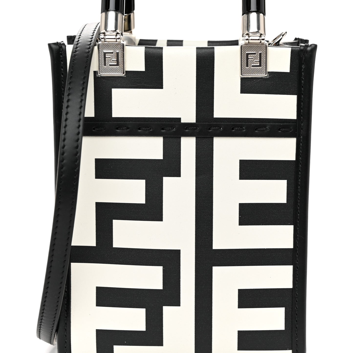 X MARC JACOBS Vitello King Plexiglass Logo Print Mini Fendi Sunshine Shopper Tote Black White