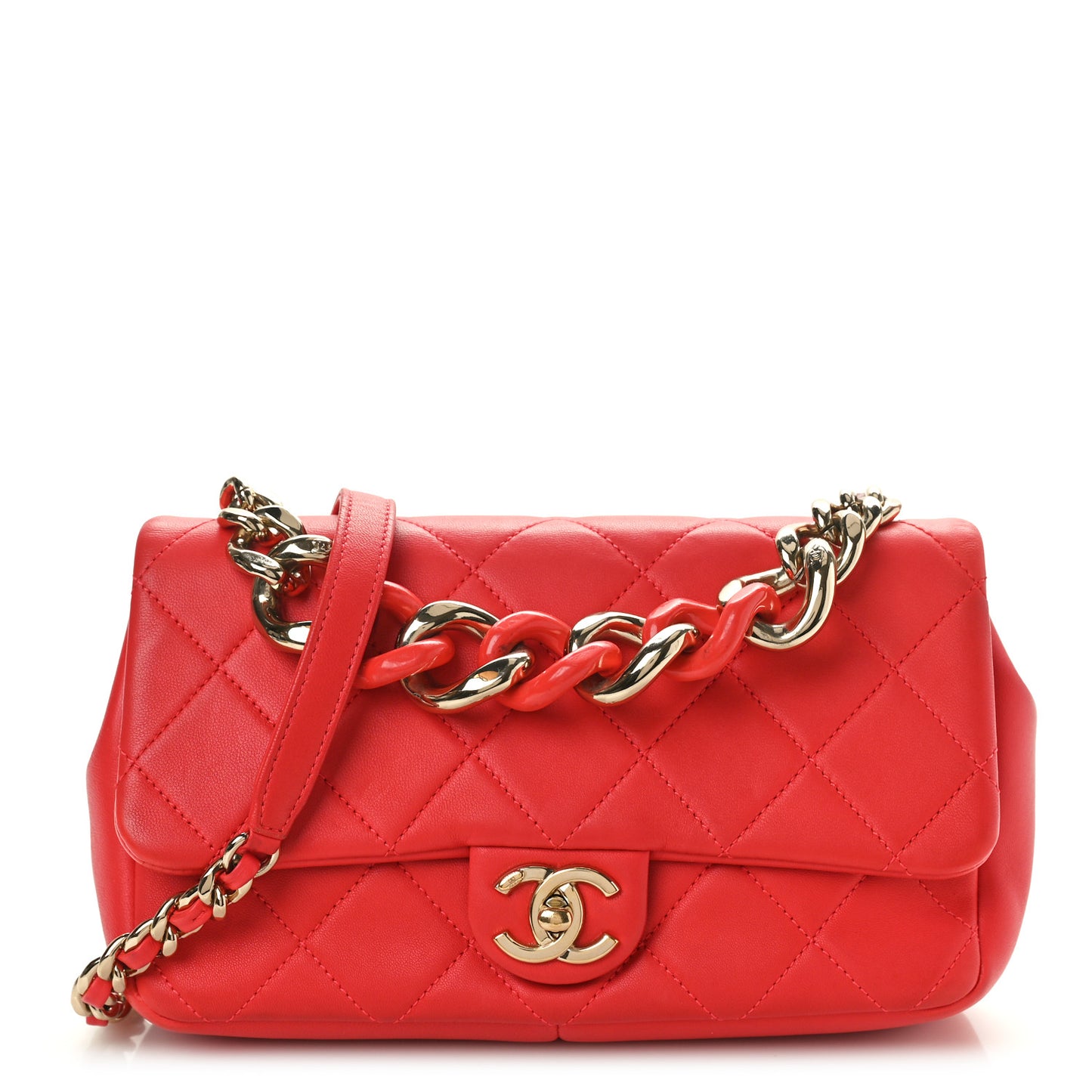 Lambskin Quilted Resin Bi-Color Chain Flap Bag Red