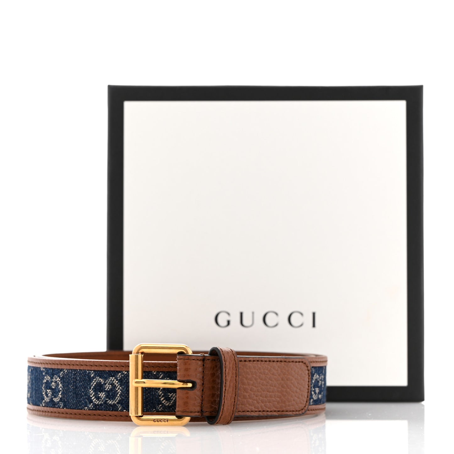 New Denim GG Monogram Dollar Calfskin Belt 80 32 Blue Tea Cuir Epilog