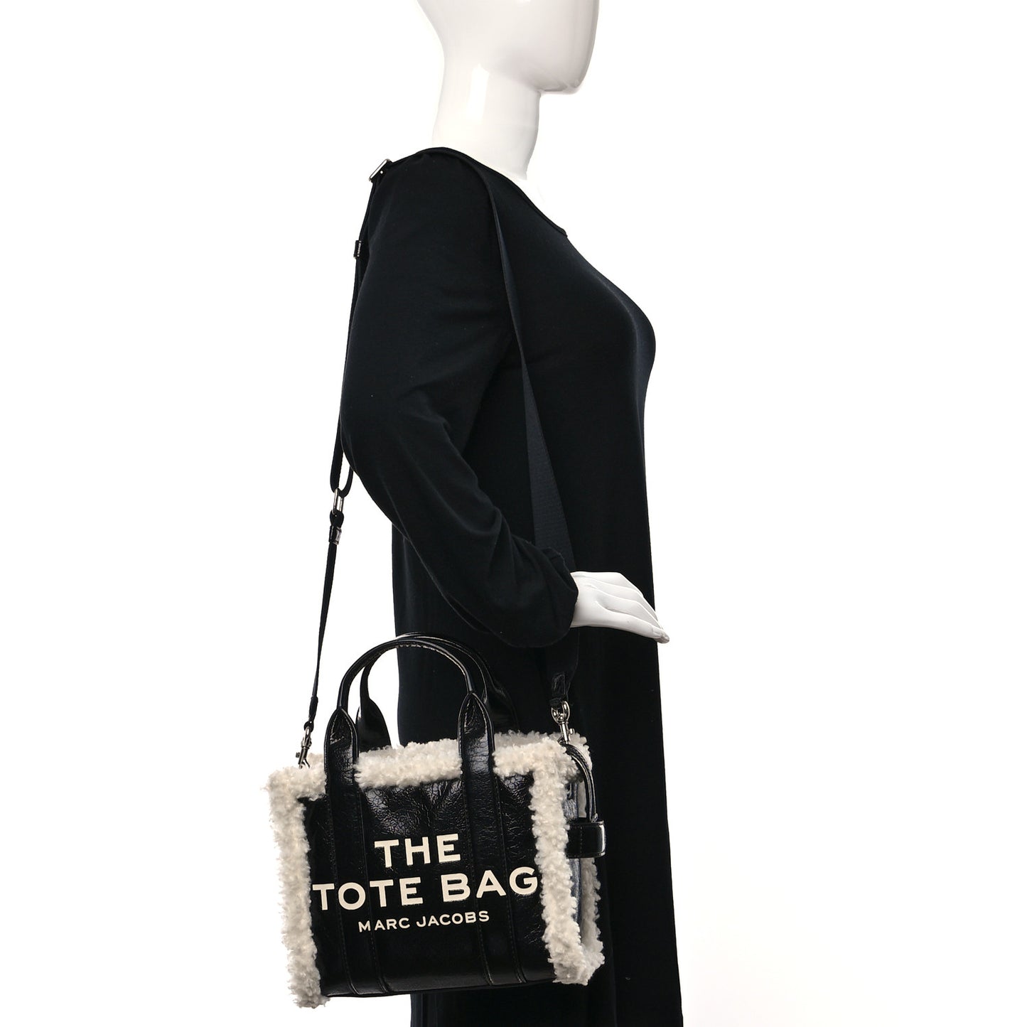 Shiny Calfskin Faux Shearling Mini The Traveler Tote Bag Black