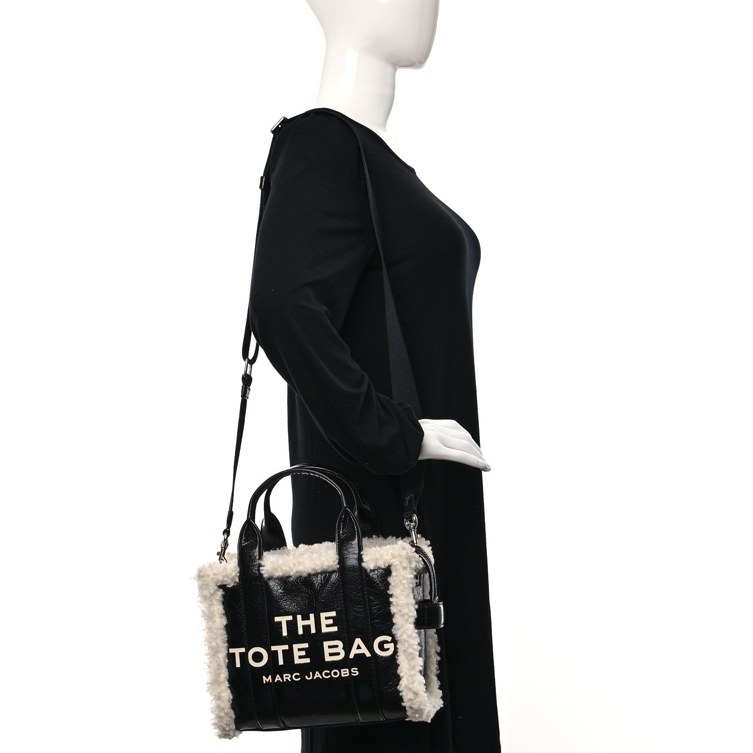 Marc Jacobs Shiny Calfskin Faux Shearling Mini The Traveler Tote Bag Black 3 of 9