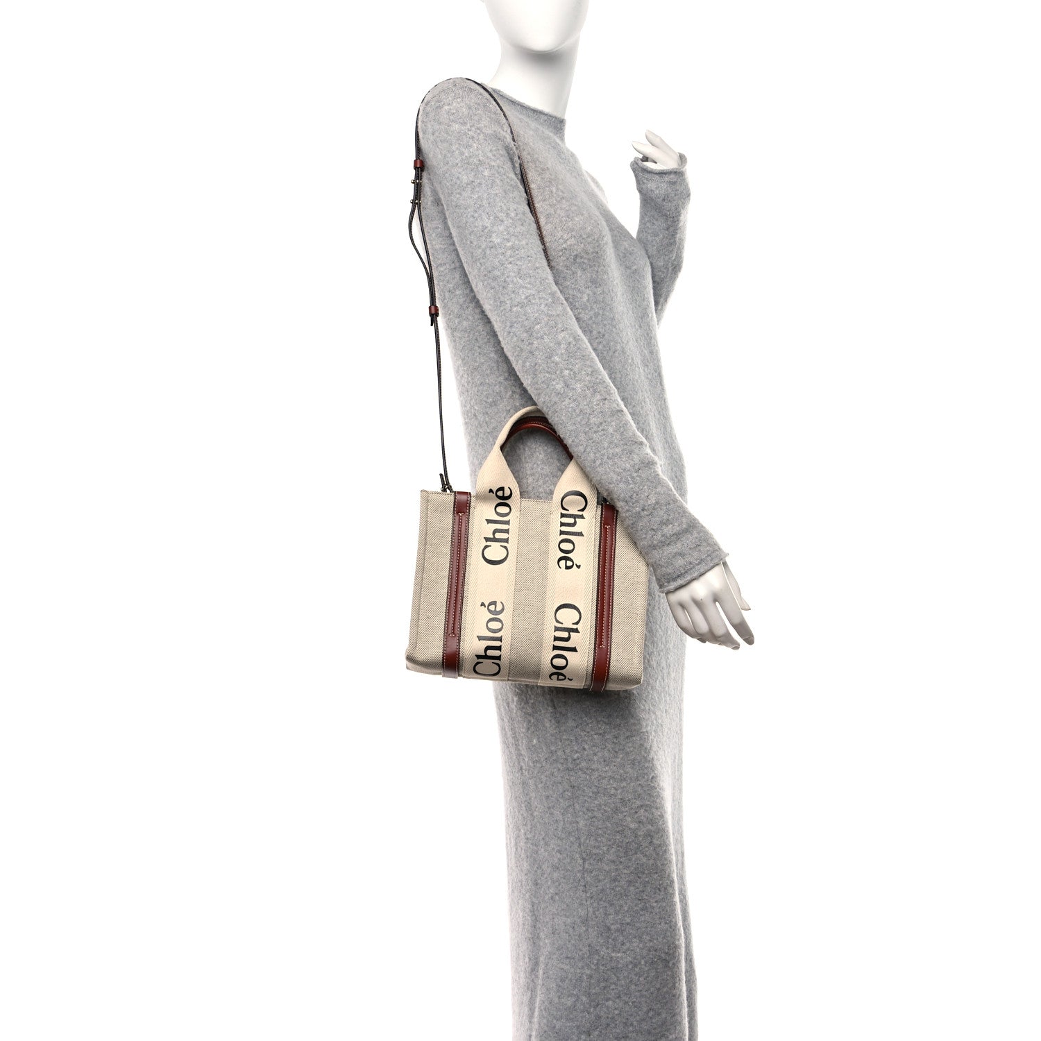 Chloe Cotton Calfskin Small Woody Ribbon Tote With Strap White Brown 2 of 12