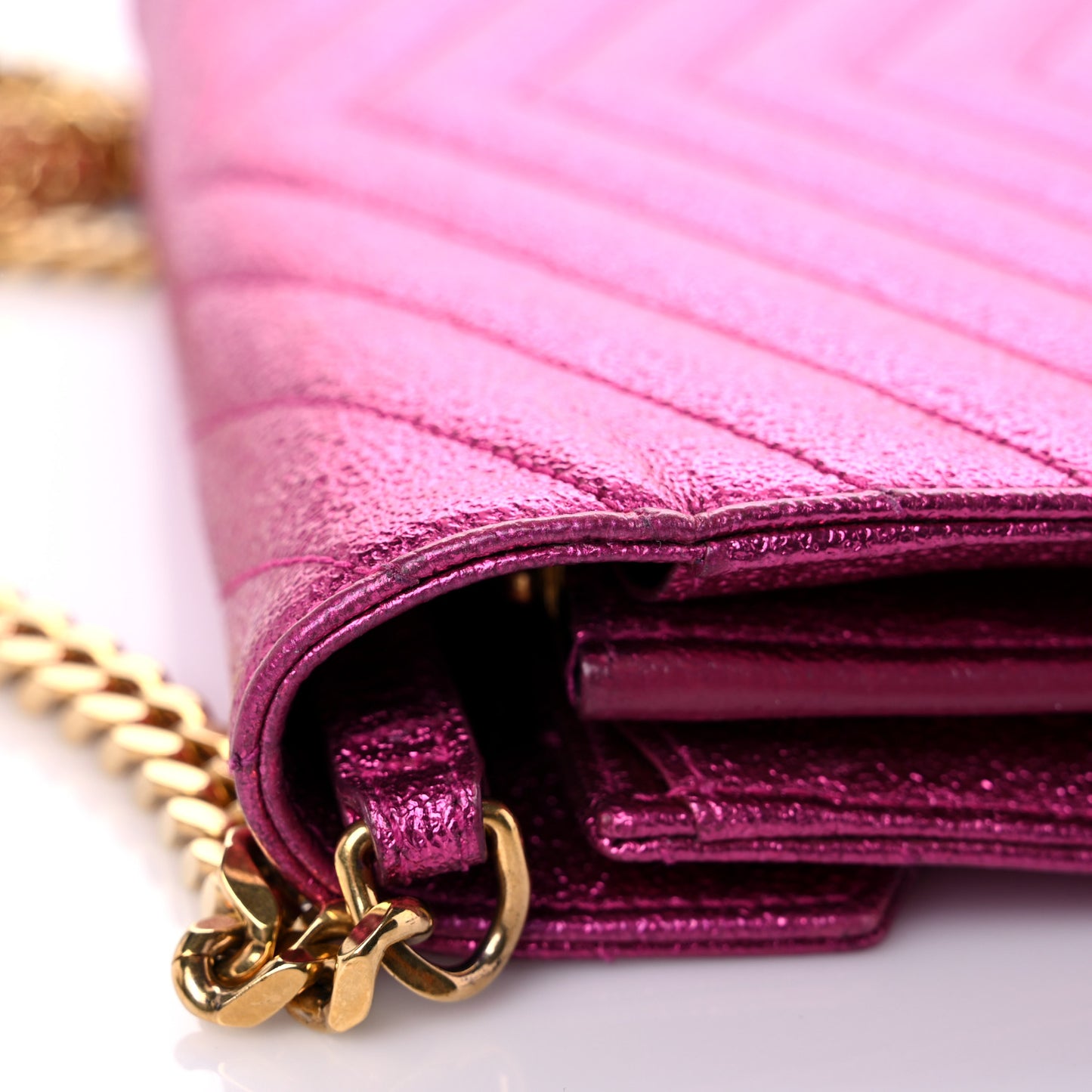 Metallic Crackled Calfskin Matelasse Chevron Monogram Chain Wallet Fuchsia