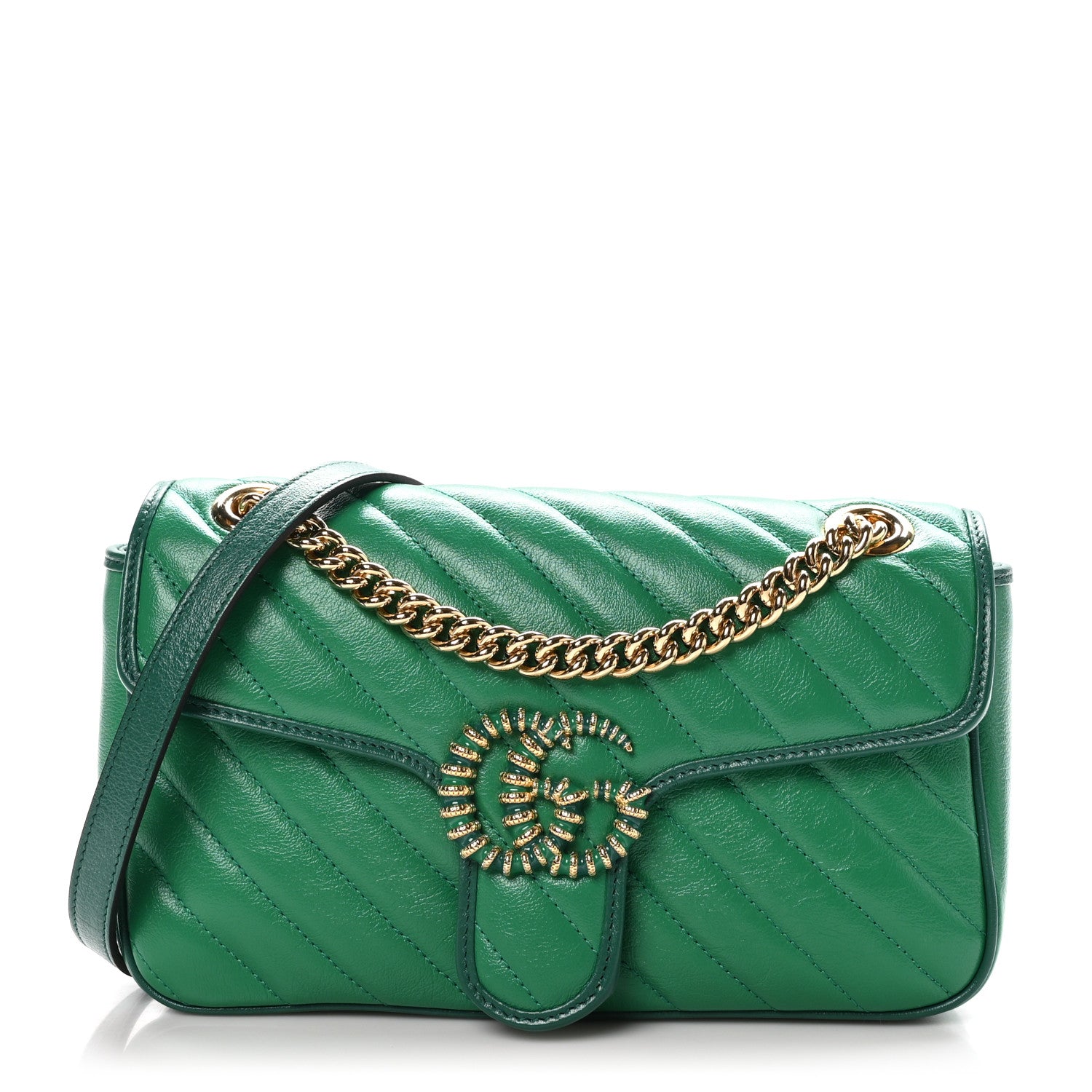 Gucci Azalea Calfskin Enamel Matelasse Diagonal Small Torchon GG Marmont Shoulder Bag New Shamarock Emerald 1 of 10