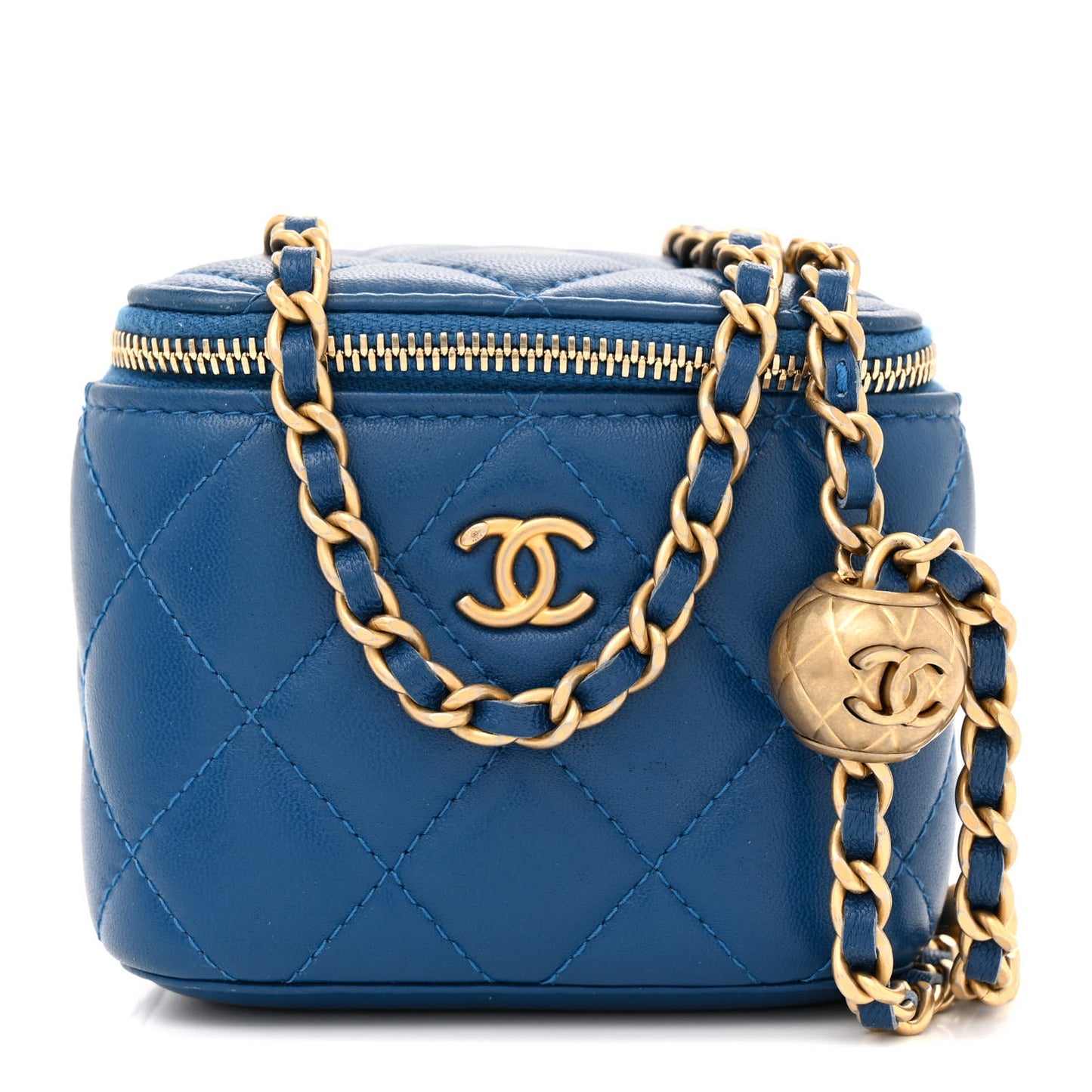 Lambskin Quilted Pearl Crush Mini Vanity Case With Chain Navy Blue
