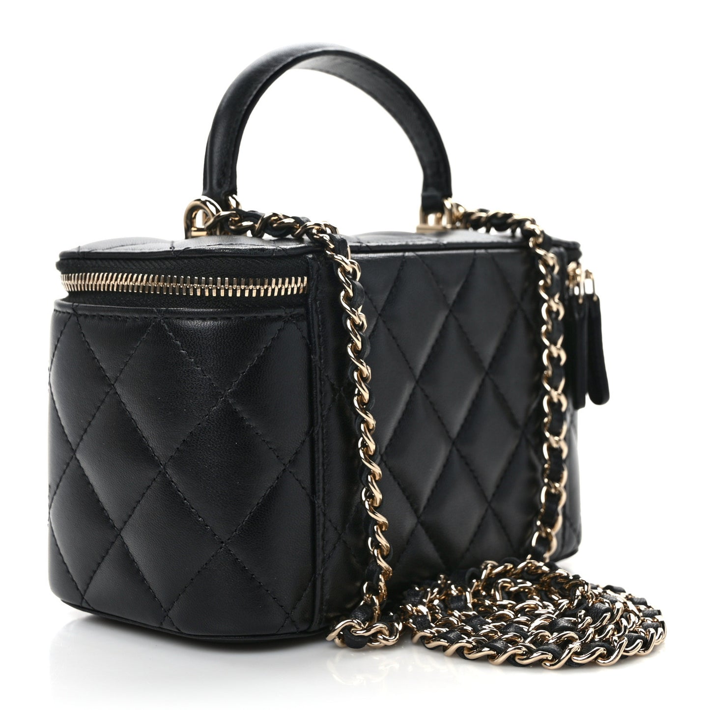 Lambskin Quilted Small Top Handle Vanity Case With Chain Black