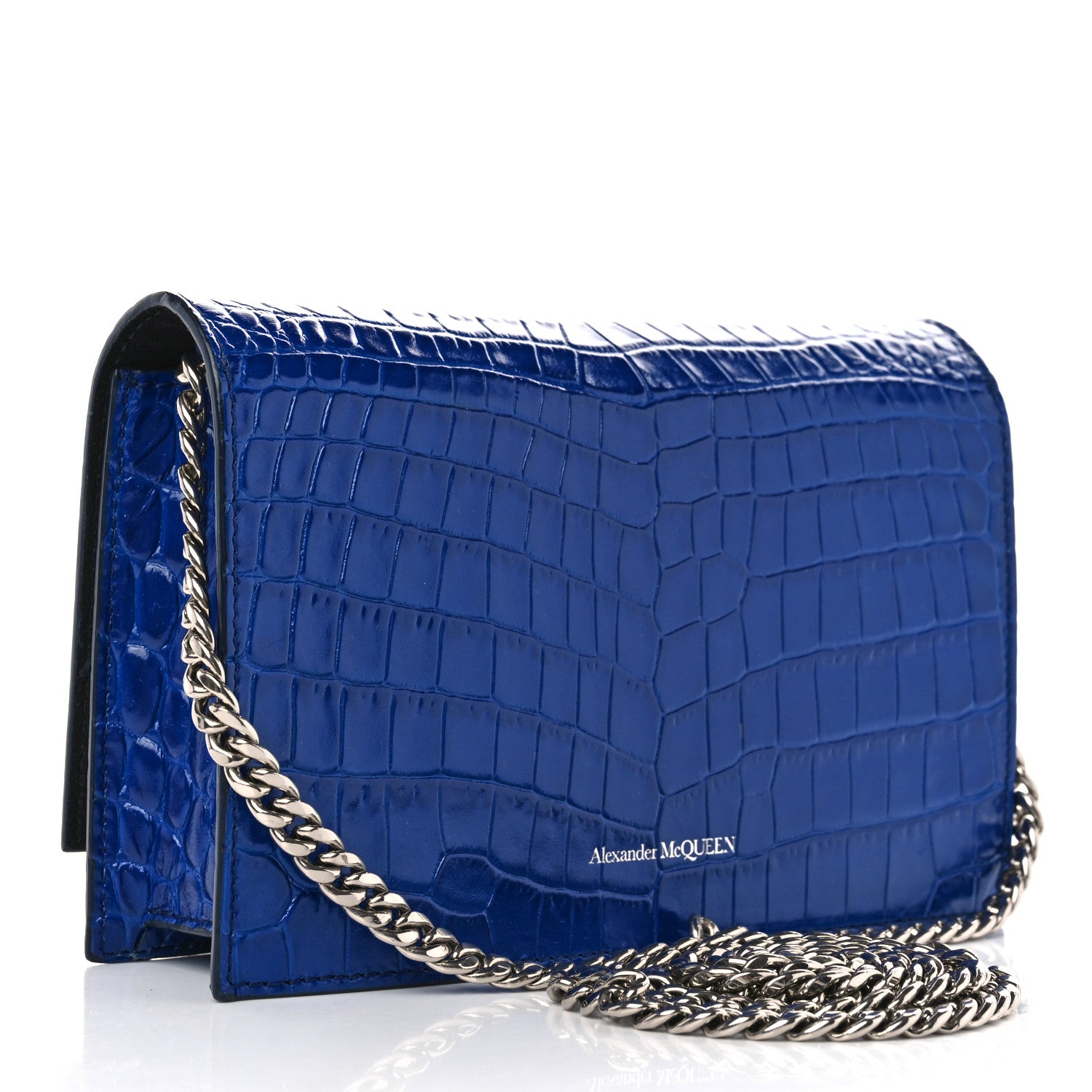 Alexander McQueen Calfskin Crocodile Embossed Skull Mini Crossbody Bag Deep Lapis Blue 3 of 10