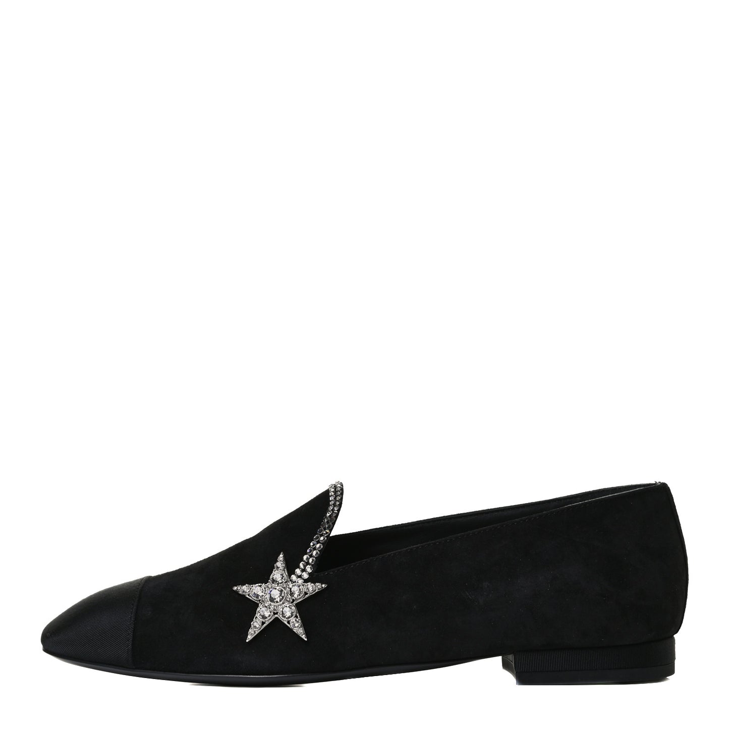 Suede Calfskin Grosgrain Crystal Star Mocassin Loafers 36.5 Black