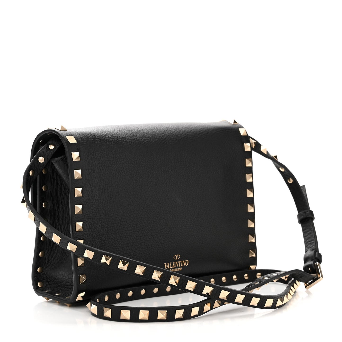 Pebbled Calfskin Medium Rockstud Flip Lock Crossbody Bag Black