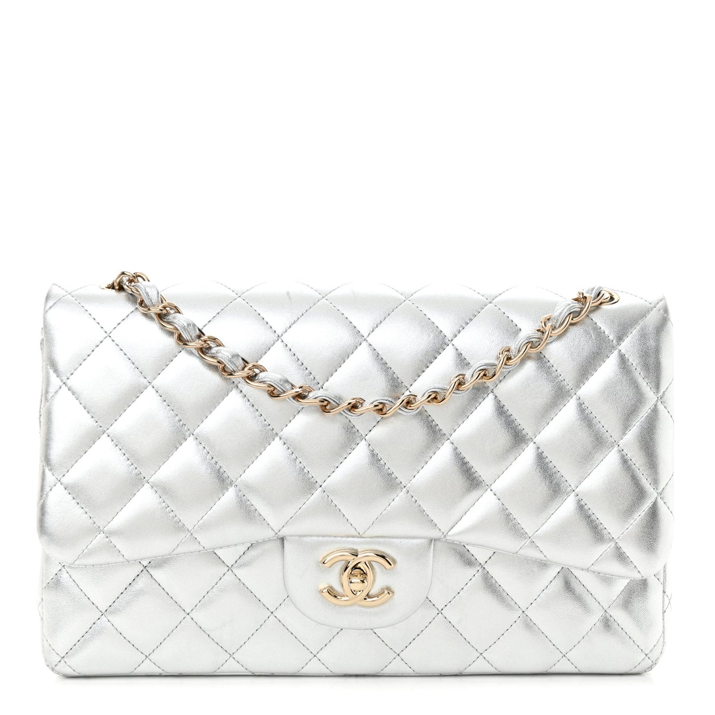 Metallic Lambskin Quilted Jumbo Double Flap Silver