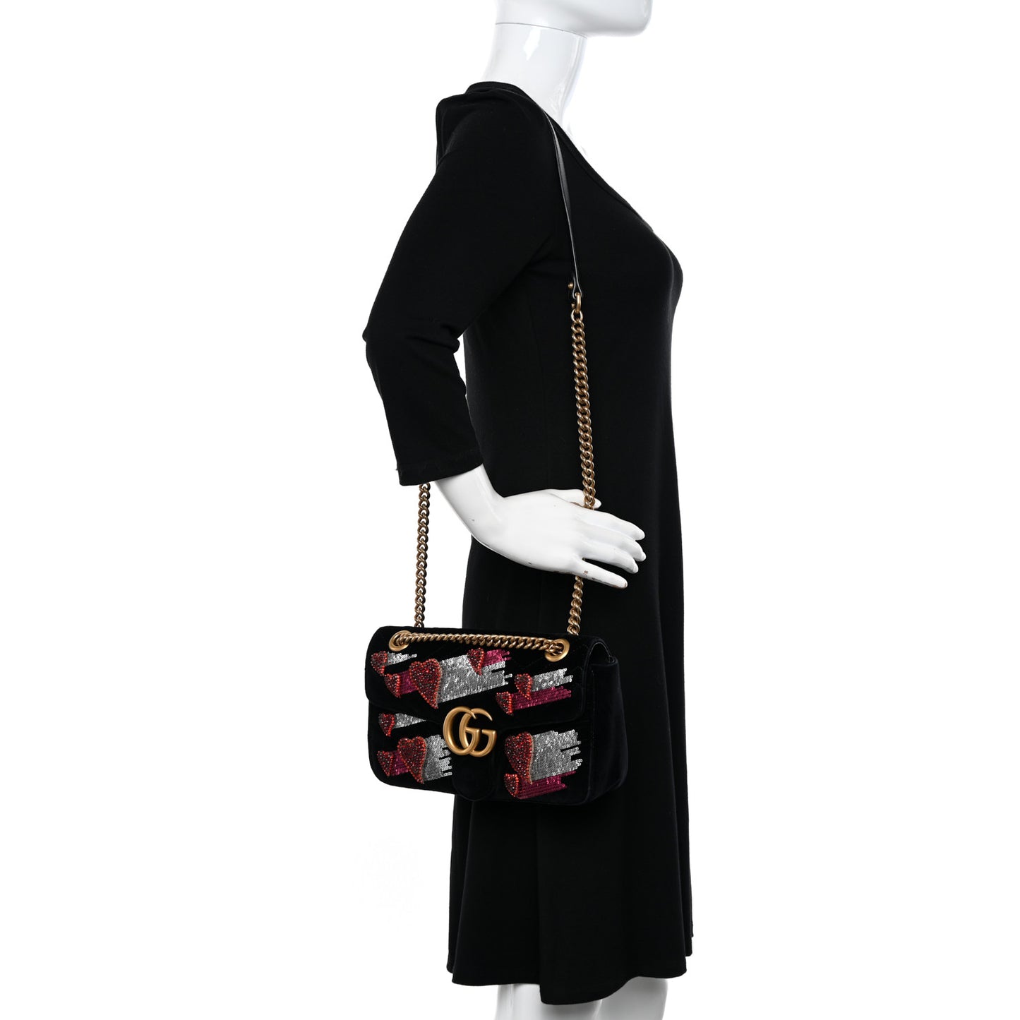 Velvet Matelasse Crystal Sequin Heart Embroidered GG Marmont Small Bag Black