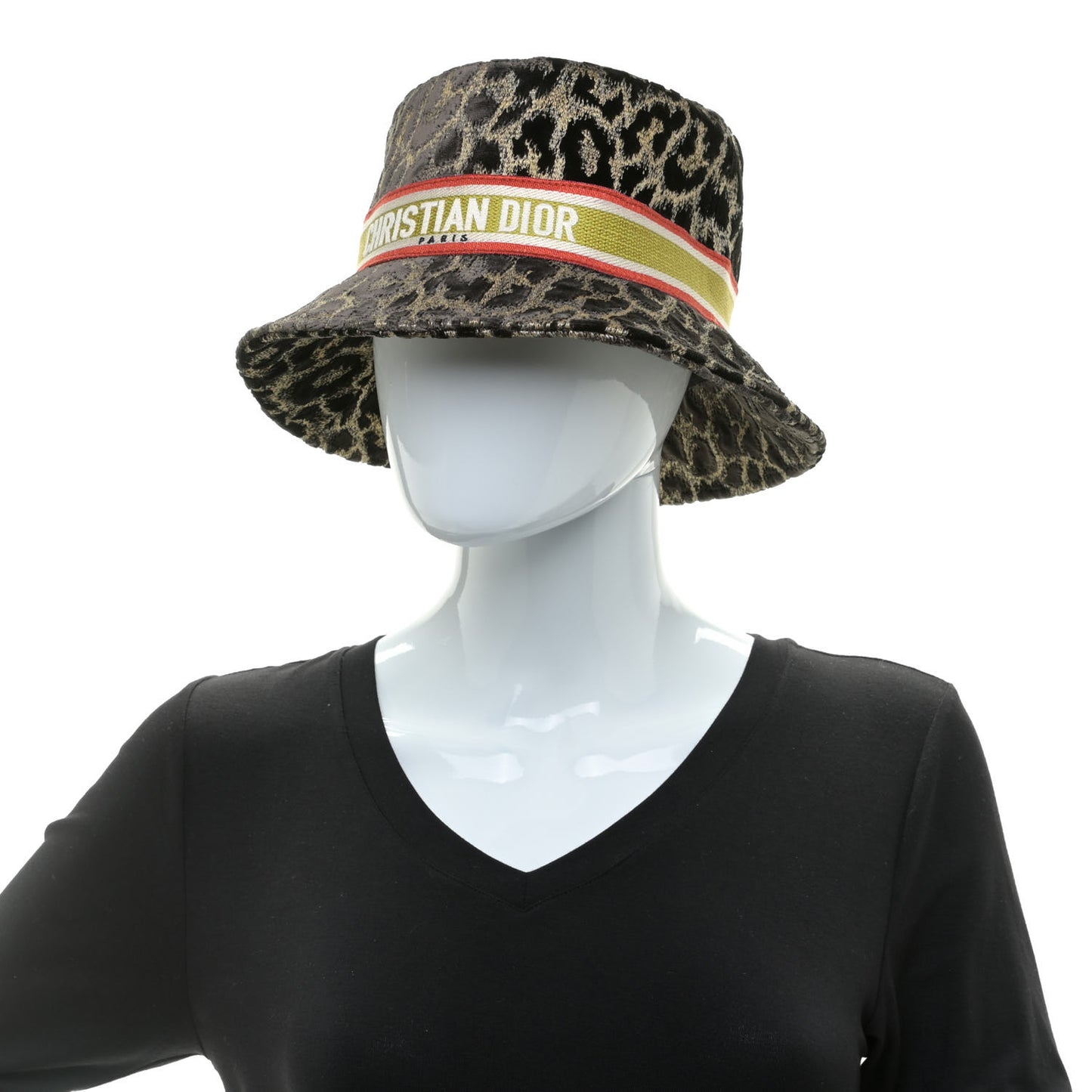 Velvet Embroidered Leopard Print Small Brim Bucket Hat 57 Beige Multicolor