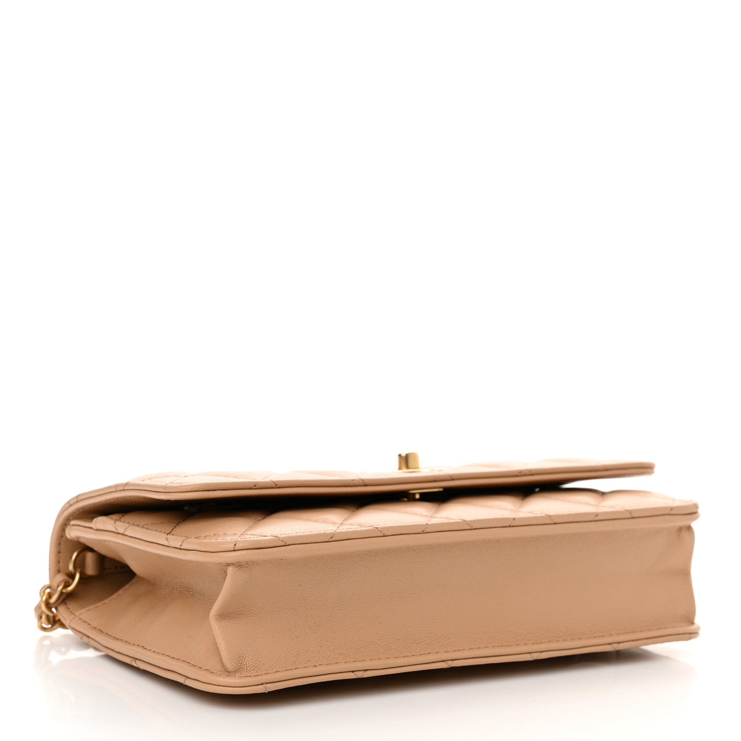 Lambskin Quilted CC Pearl Crush Wallet on Chain WOC Beige