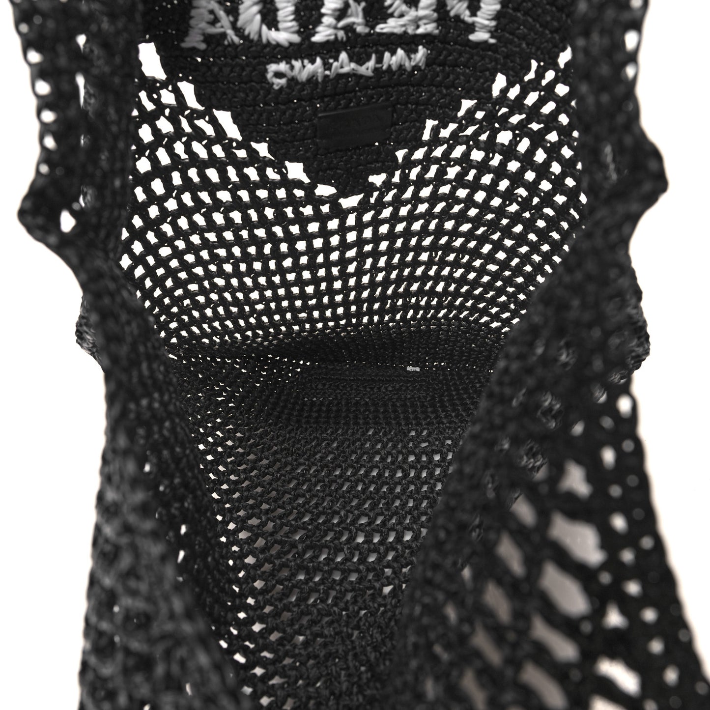 Yarn Raffia Effect Crochet Logo Embroidered Shopping Tote Bag Black