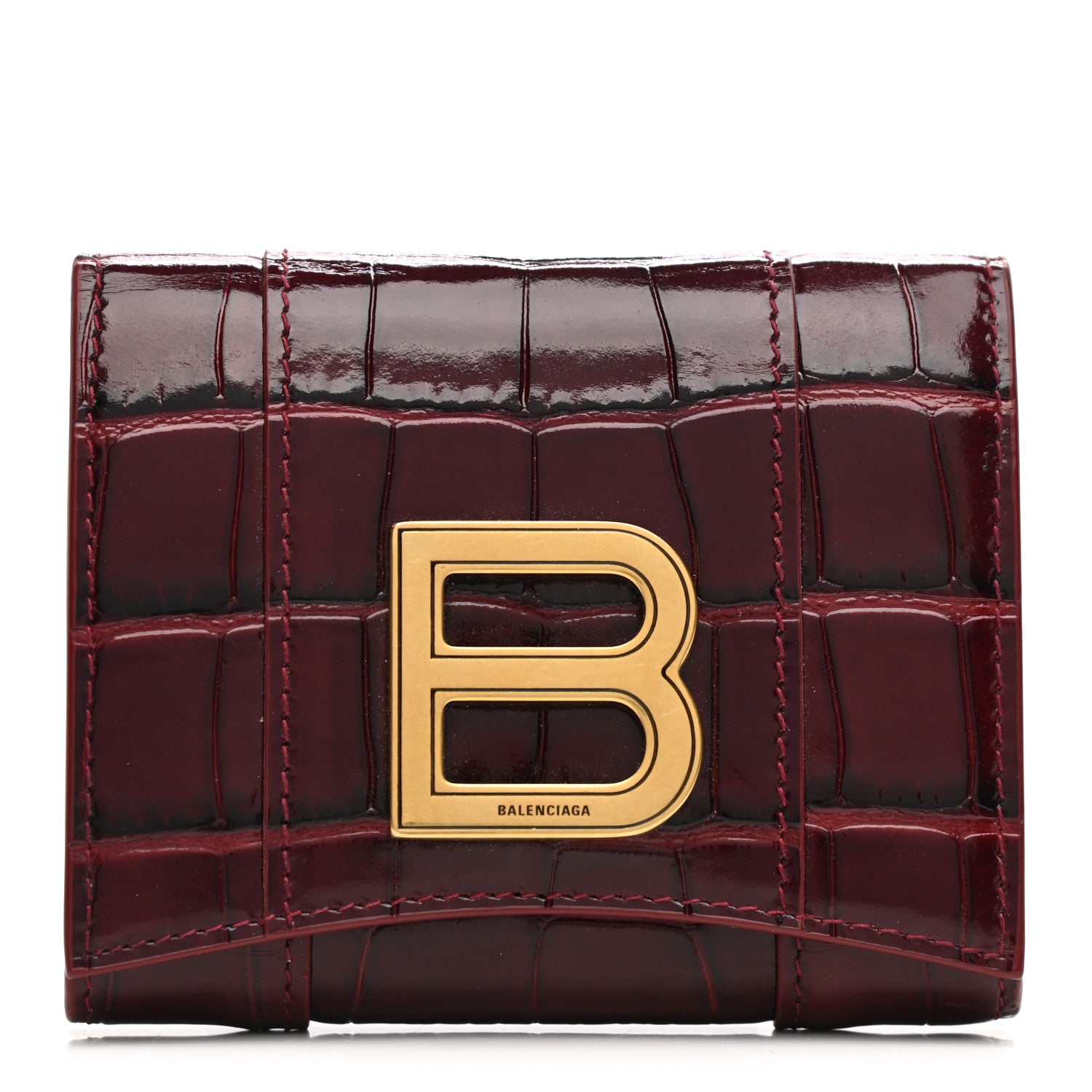 Balenciaga Shiny Calfskin Crocodile Embossed Hourglass Compact Wallet Dark Red 1 of 7