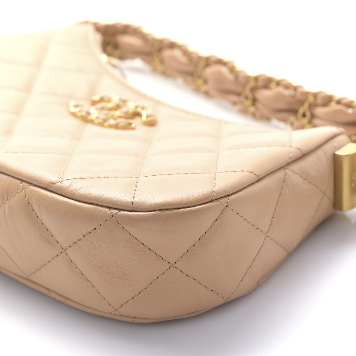 Aged Calfskin Quilted Small Chanel 19 Hobo Beige