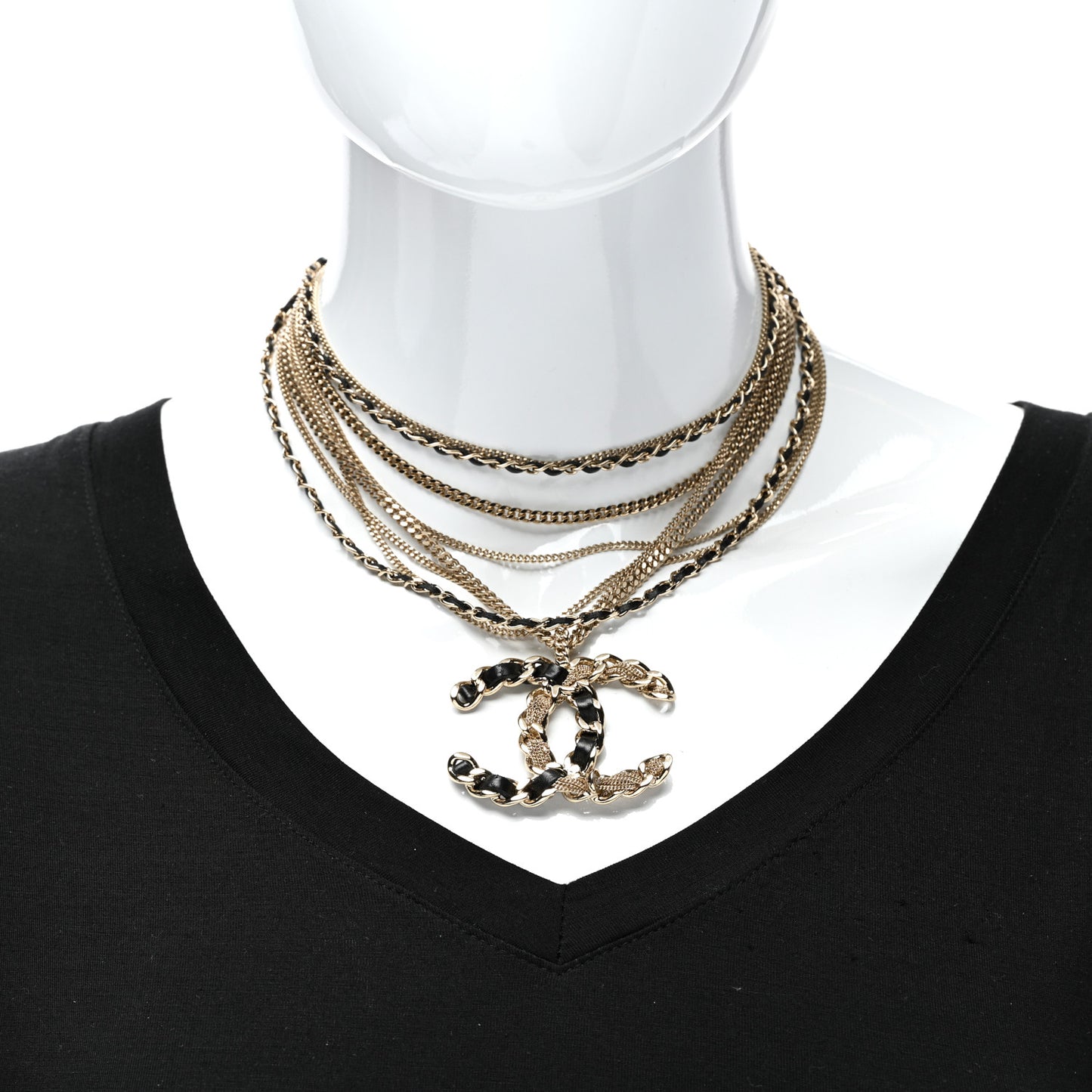 Lambskin Chain CC Multi Strand Necklace Gold Black