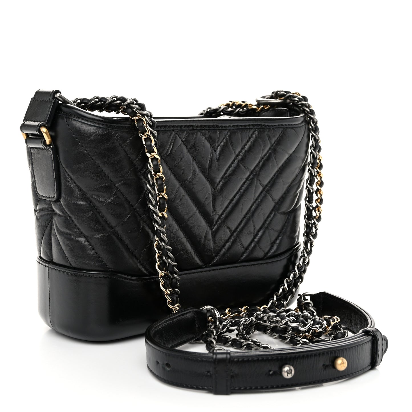 Aged Calfskin Chevron Quilted Small Gabrielle Hobo Black