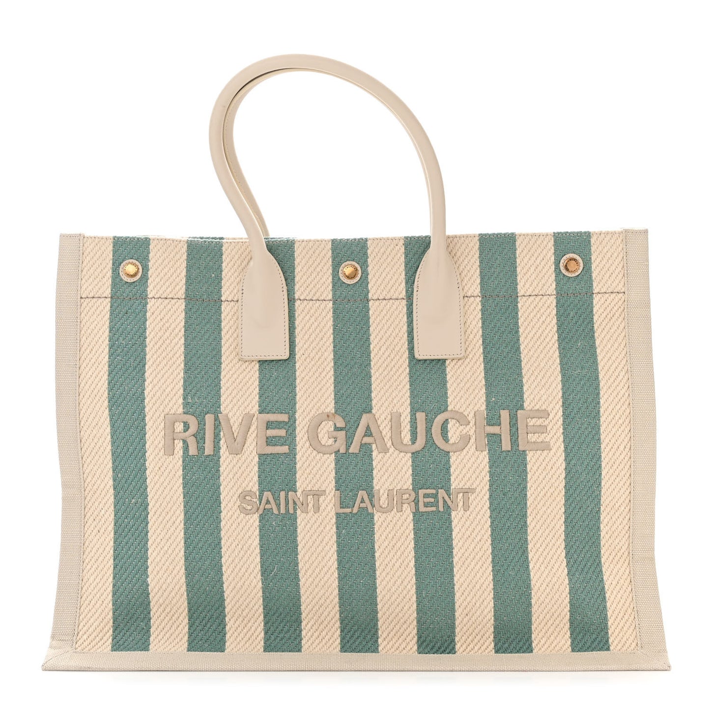 Cotton Linen Calfskin Striped Rive Gauche Tote Water Green