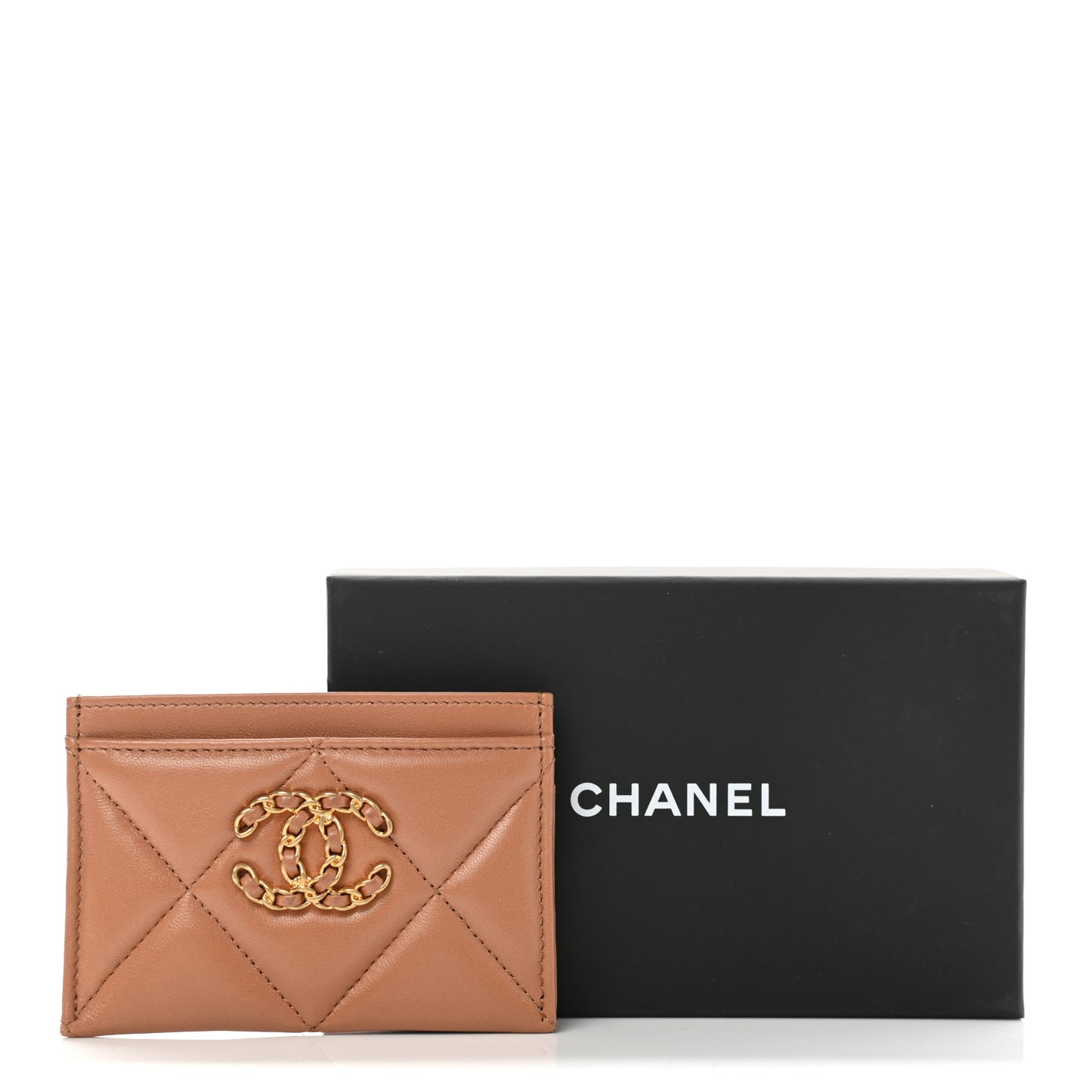 Lambskin Quilted Chanel 19 Card Holder Brown