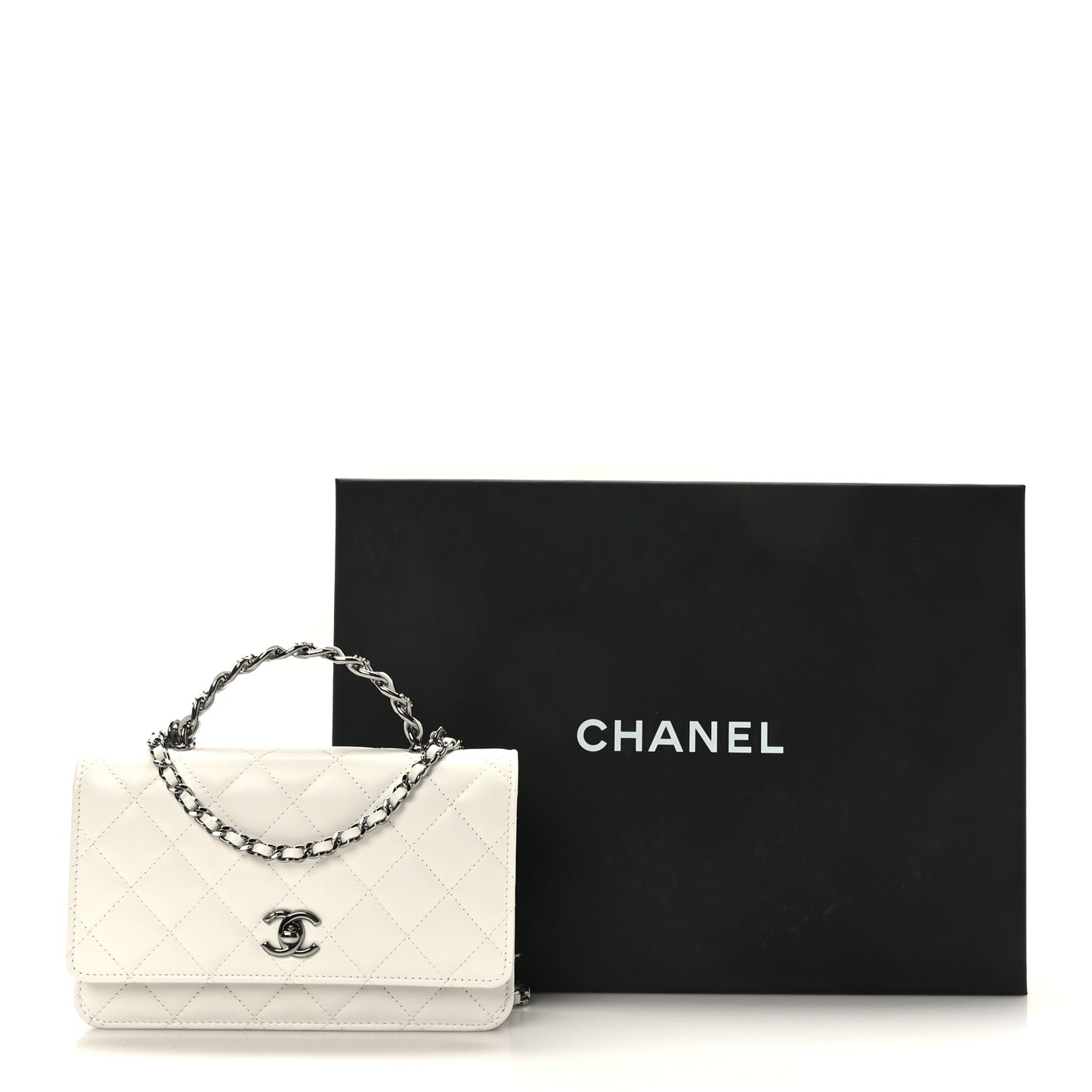 Shiny Crumpled Calfskin Strass Quilted Top Handle Clutch With Chain White