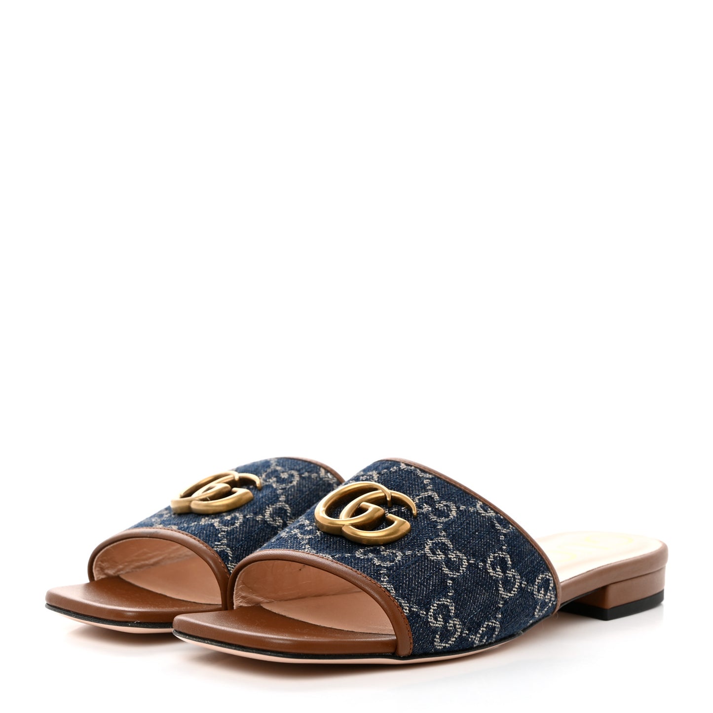 New Denim GG Monogram Miro Soft Calfskin Jolie Slide Sandals 37 Blue Tea Cuir Epilog