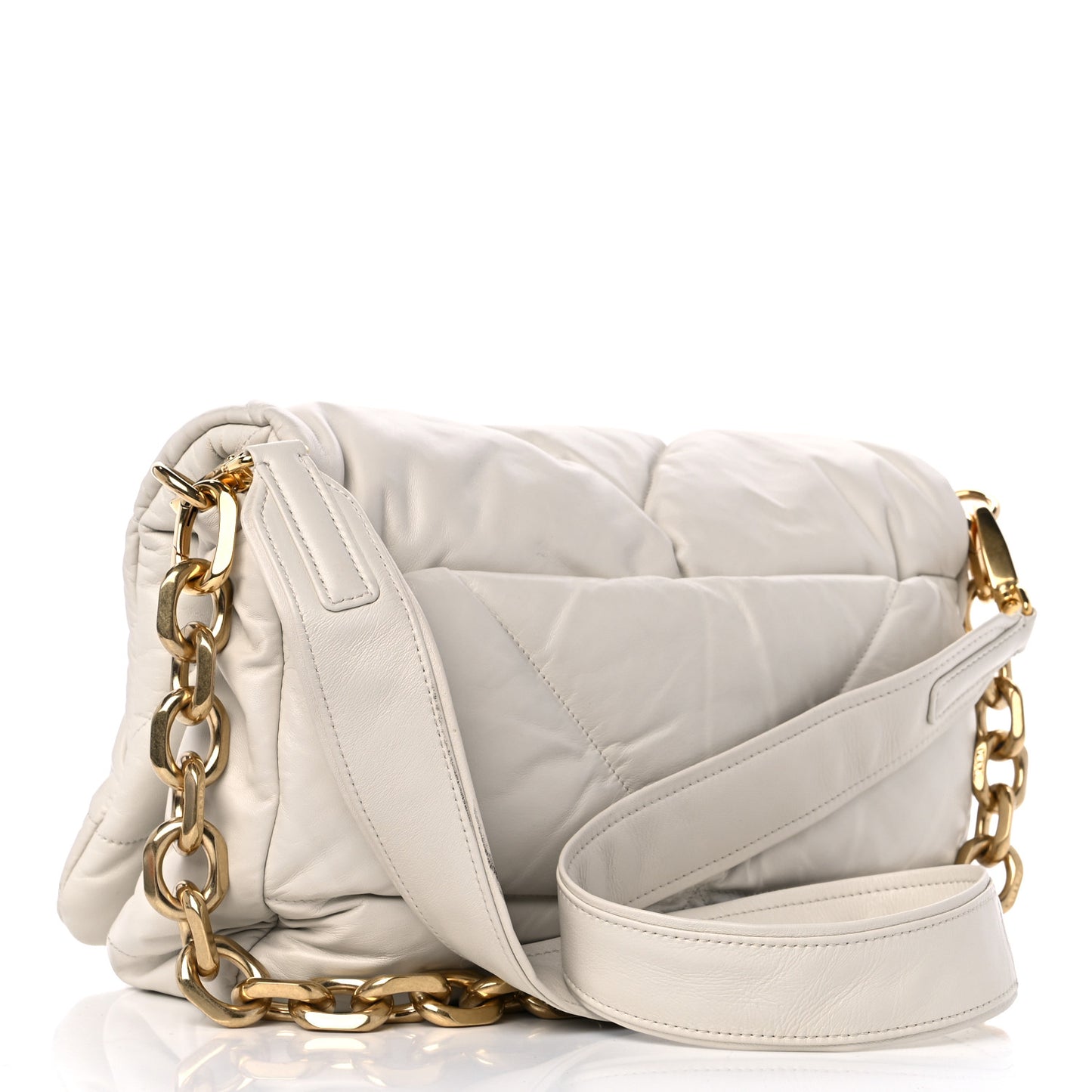 Nappa Soft Padded Logo Embossed Triangle Quilted Shoulder Bag White