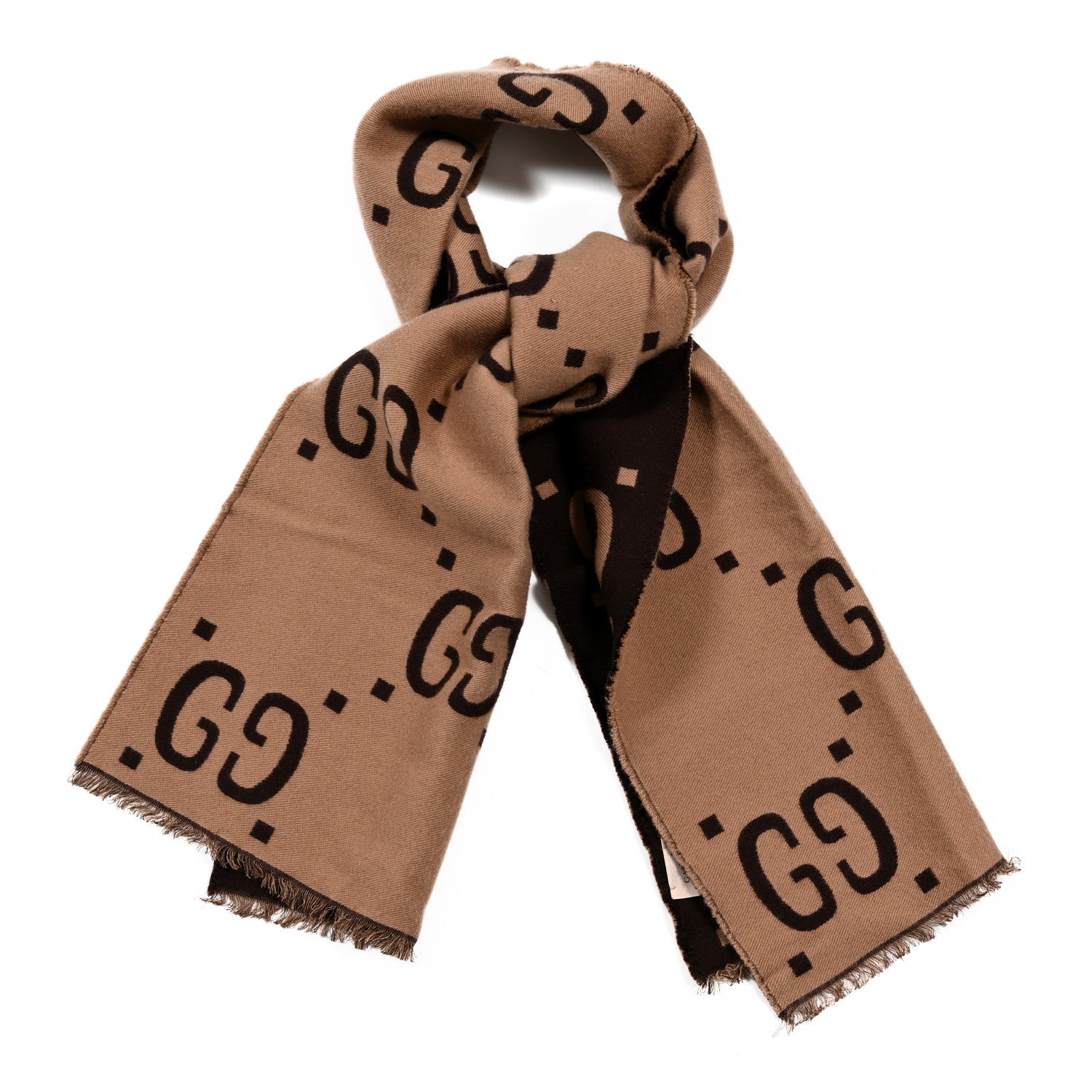 Gucci Wool Silk Monogram Jumbo GG Freedom Scarf Dark Brown Beige