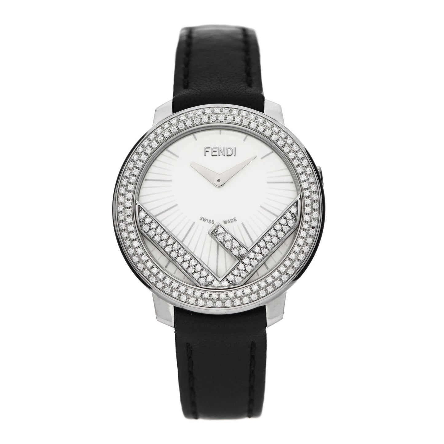 Stainless Steel Calfskin Diamond Pave Bezel 28mm Fendi Run Away Quartz Watch