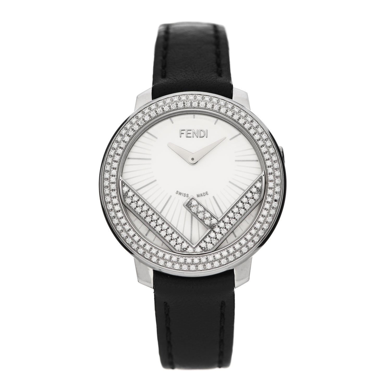 Fendi Stainless Steel Calfskin Diamond Pave Bezel 28mm Fendi Run Away Quartz Watch 1 of 6