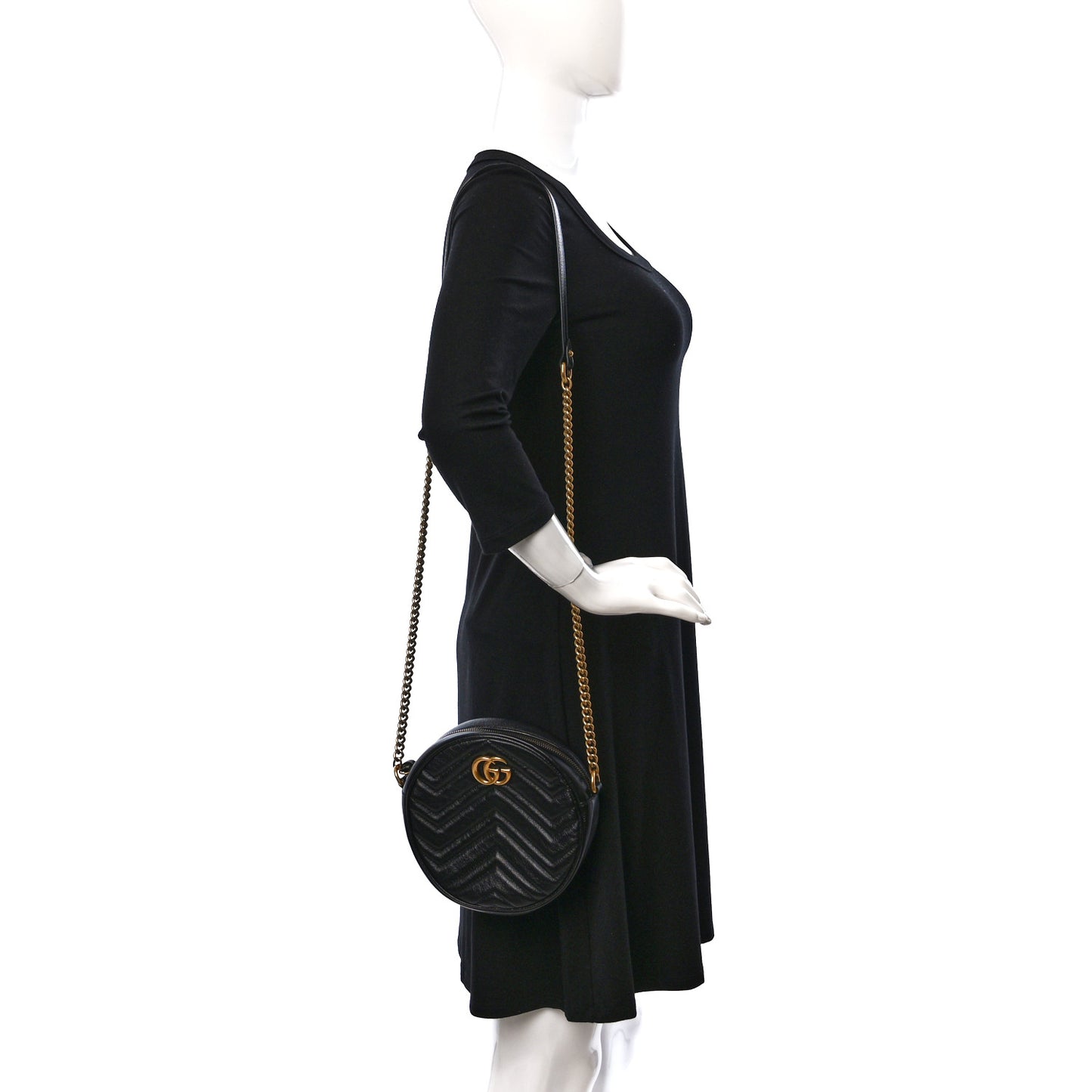 Azalea Calfskin Matelasse Heart Mini GG Marmont Round Shoulder Bag Black