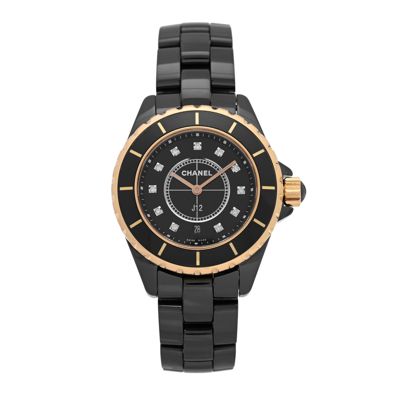Chanel Stainless Steel 18K Yellow Gold Ceramic Diamond 33mm J12