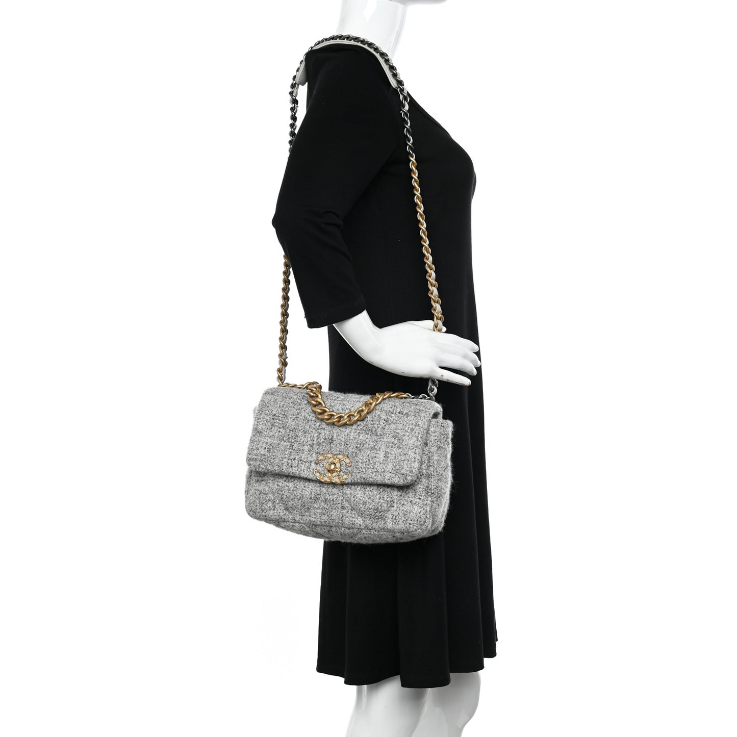 Tweed Quilted Medium Chanel 19 Flap Grey Ecru